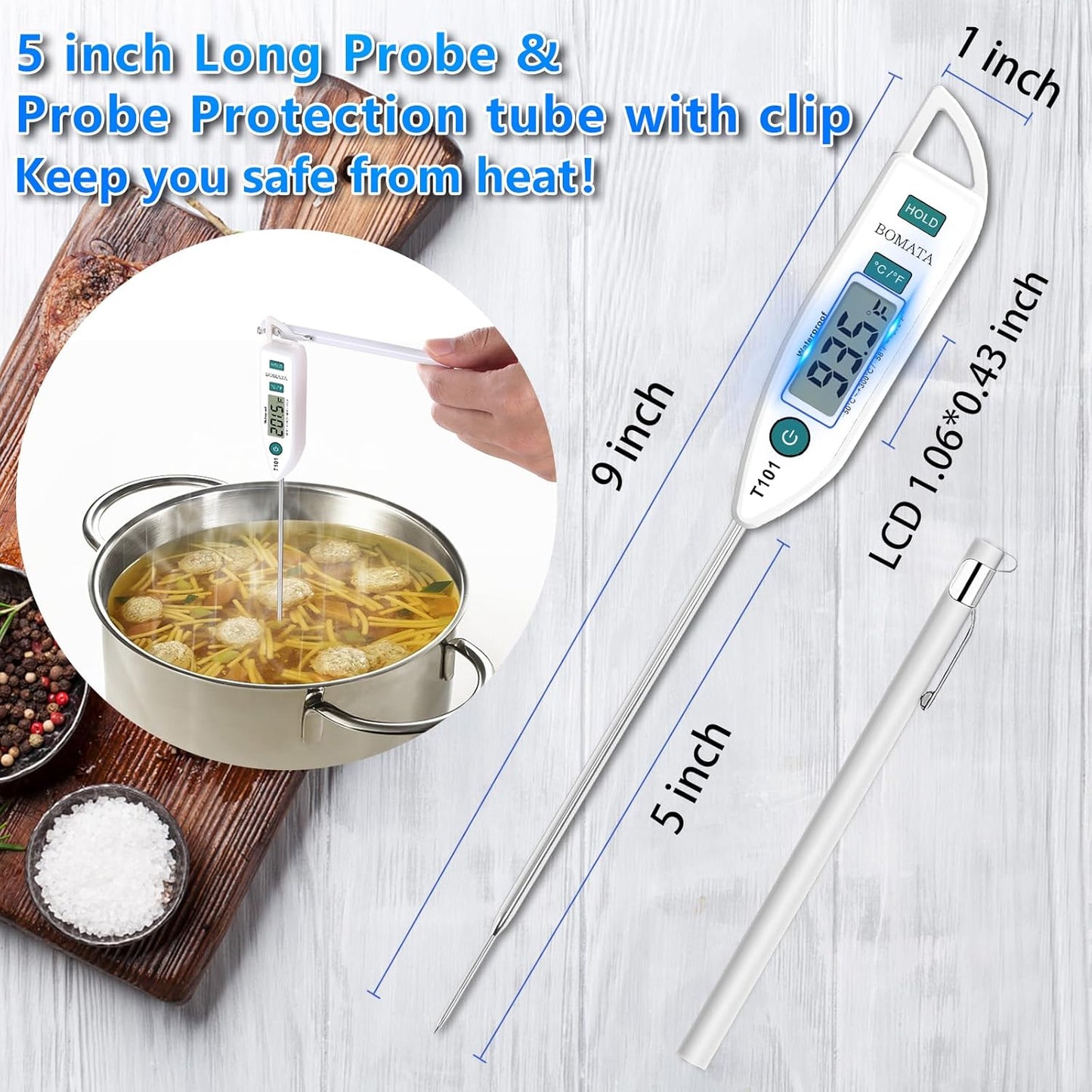 BOMATA Waterproof IPX7 Thermometer for Water, Liquid, Candle and Cooking. Instant Read Food Thermometer with Long Probe for Cooking, Meat, BBQ! T101 White