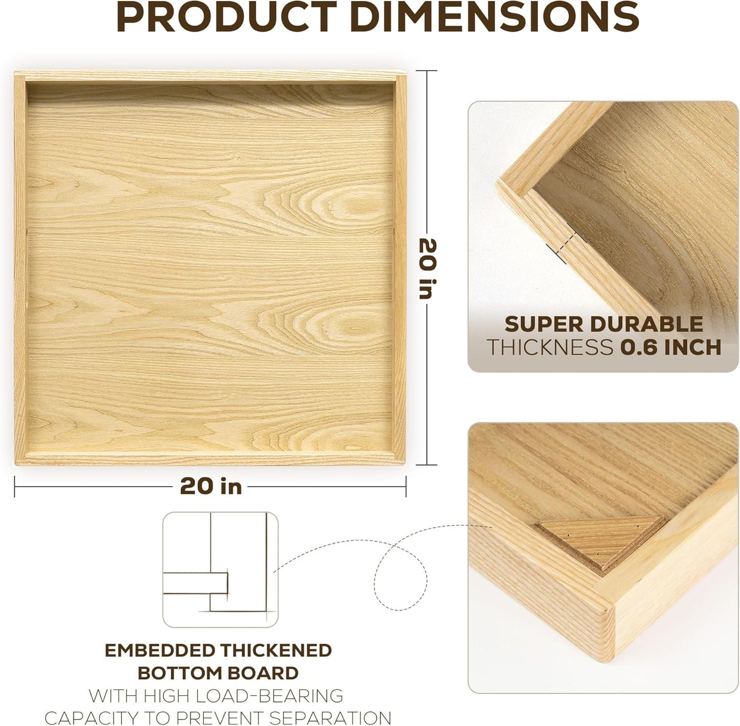 Axeman 20 Inch Large Square Wooden Ottoman Tray for Living Room|Extra Large Serving Tray with Handles for Coffee Table, Breakfast|Decorative Wood Tray for Ottoman Couch Sofa Kitchen|Natural