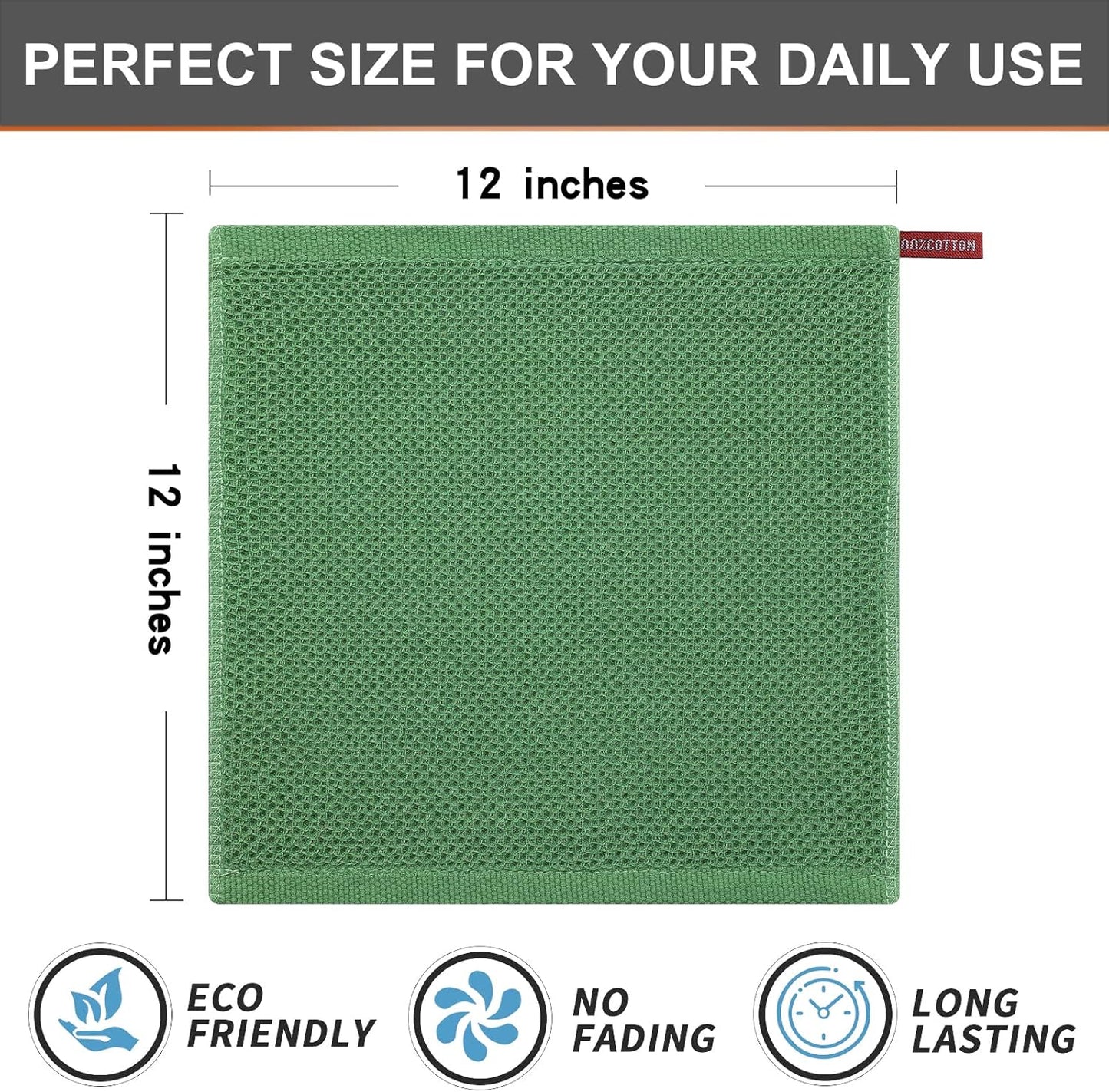 Kitinjoy 100% Cotton Kitchen Dish Cloths, 6 Pack Waffle Weave Ultra Soft Absorbent Dish Towels for Drying Dishes Quick Drying Kitchen Towels Dish Rags, 12 X 12 Inches, Grass Green