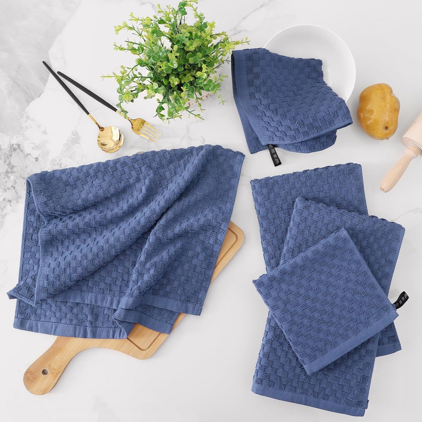 Fintale 100% Cotton Kitchen Towels and Dishcloths Set, 12 x 12 & 15 x 25 Inches, Set of 10 Bulk Super Soft and Absorbent Terry Cloth Dish Towels, Quick Drying Hand Towels with Hanging Loop, Navy Blue