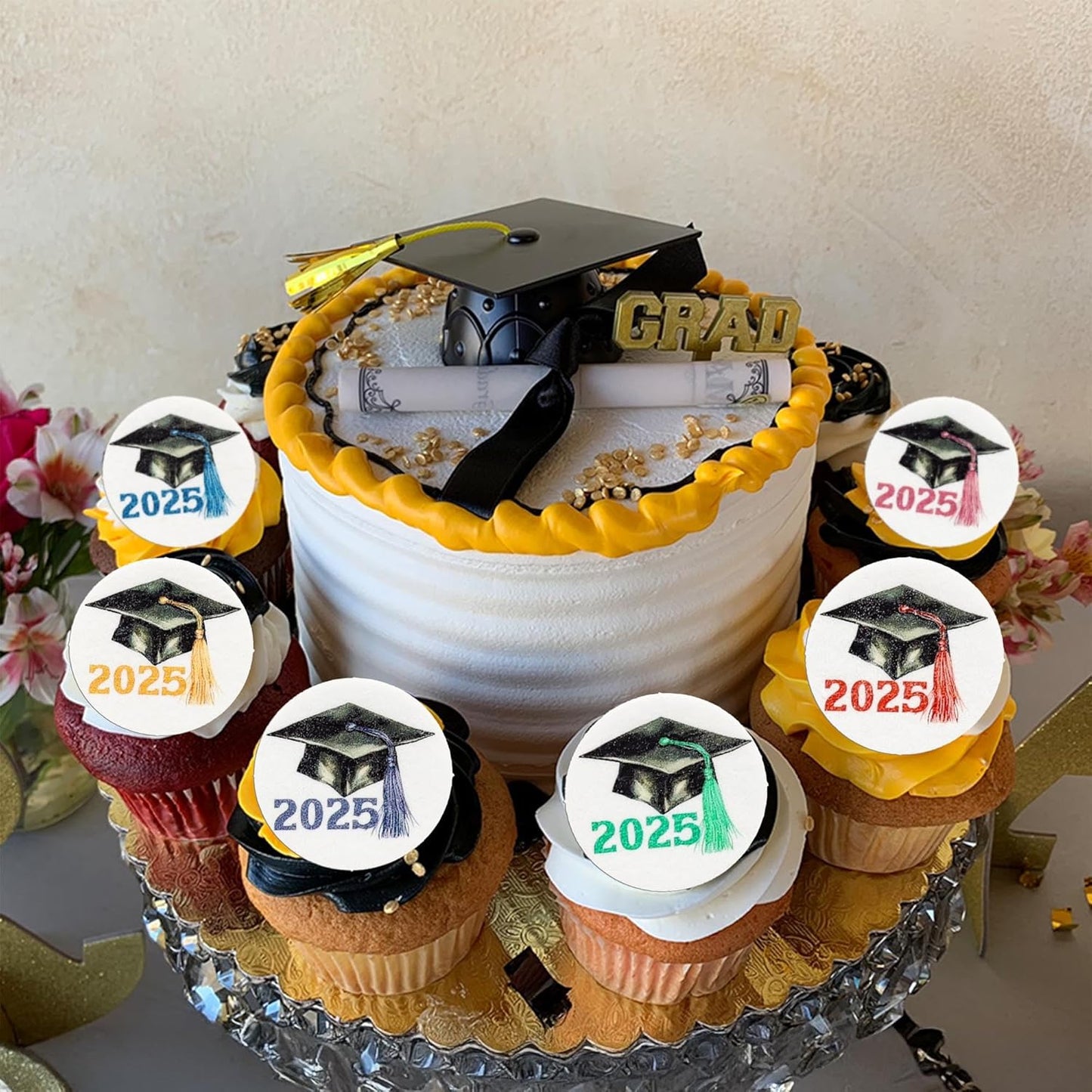 Gyufise 48Pcs Edible 2025 Graduation Theme Cupcake Toppers Wafer Paper Graduate Hat Grad Cap Cupcake Picks 2025 Students Graduation Theme Party Cake Decorations Supplies Multi