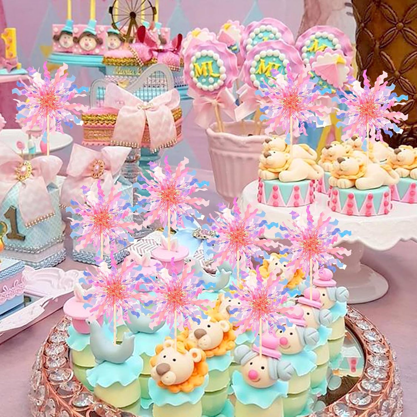 30 PCS Foil Firework Cupcake Toppers Sparkle Tinsel Cupcake Picks Happy Birthday Cake Toppers Drink Stirrers Cocktail Food Fruit Toothpicks for Baby Shower Wedding Party Decorations Supplies Orange