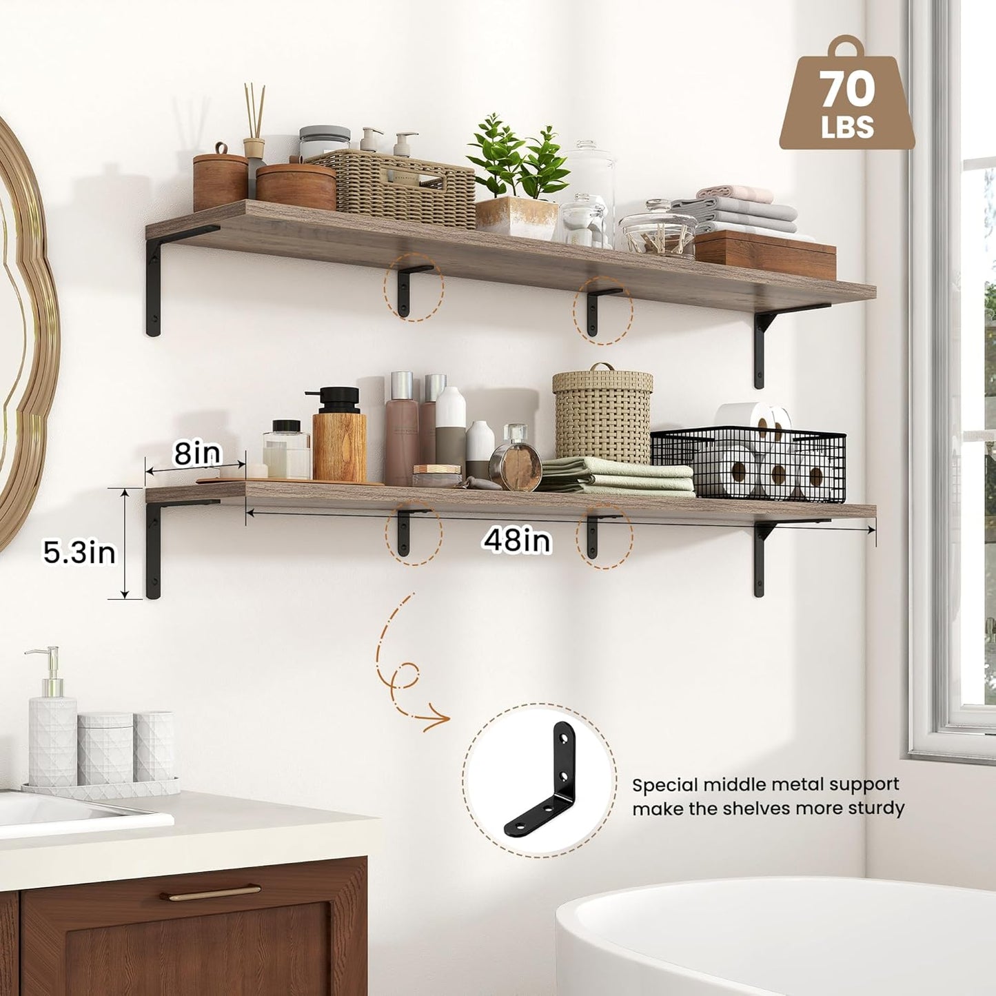 Fun Memories Deep Floating Shelves, 48W x 8D Floating Shelves Set of 2, Wall Mounted Shelf with Metal Brackets, Rustic Wood Wall Shelf for Bathroom, Kitchen and Living Room, Grey