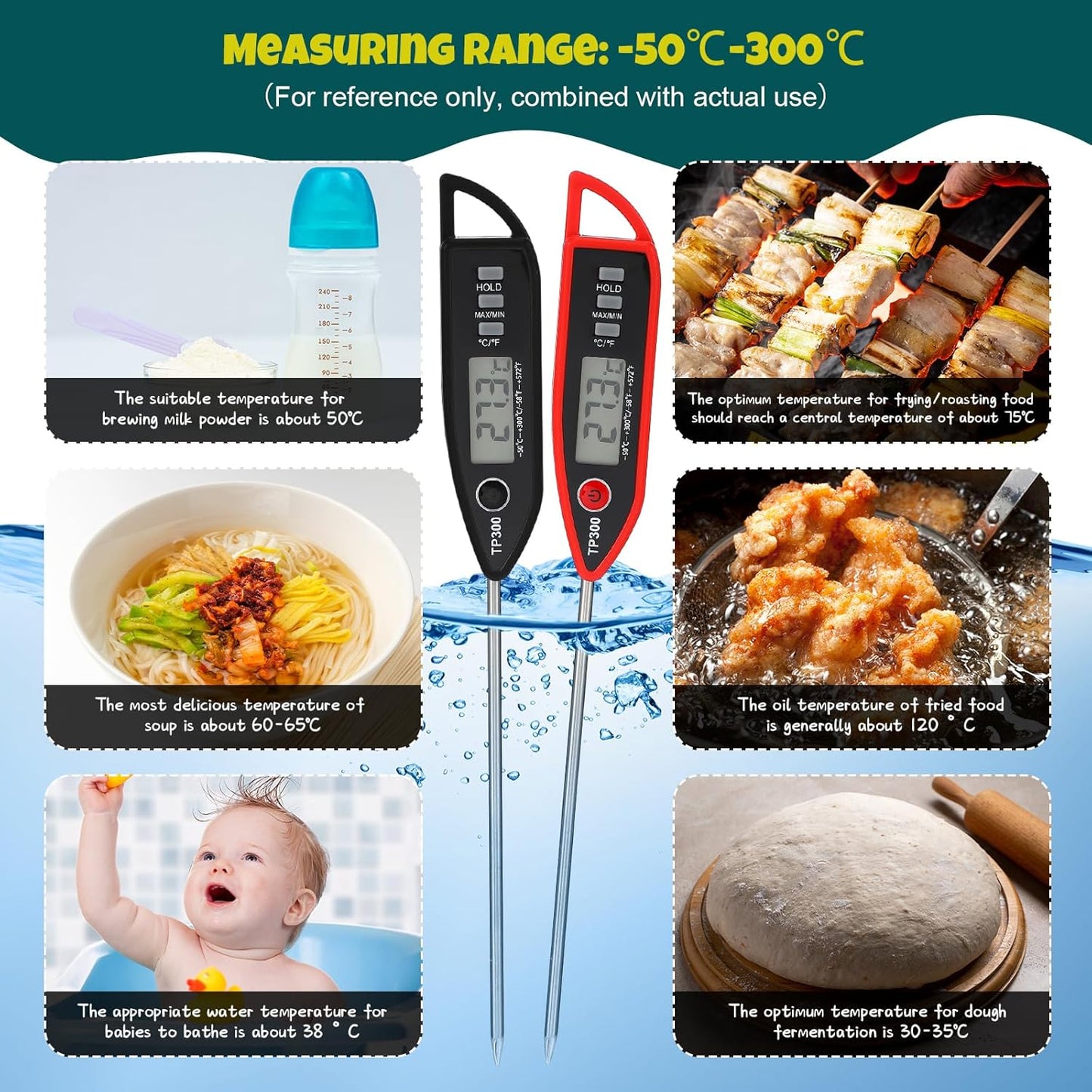 6 Set Waterproof Food Thermometer for Water, Liquid, Candle and Cooking Digital Meat Thermometer with Long Probe Instant Read for Kitchen BBQ Grill Candy (Black,Red)