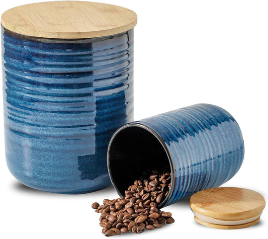 Hasense Ceramic Food Storage Jars with Bamboo Lids – 80oz + 24oz Kitchen Canister Set – 7.5" & 5.9" Airtight Containers for Coffee, Tea, Sugar, Flour – Pantry Organization Jar Set of 2（Blue）