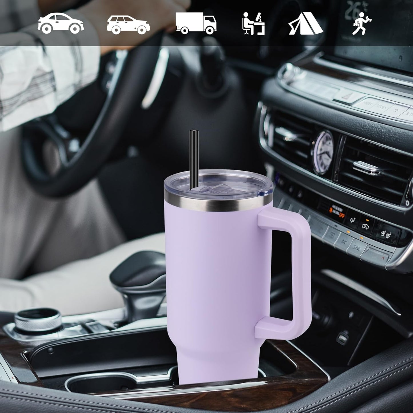 DOMICARE 40 oz Tumbler with Handle and Straw, Stainless Steel Tumbler with Lid and Straw, Reusable Vacuum Insulated Cup, Travel Coffee Mug, Lavender, 4Pack
