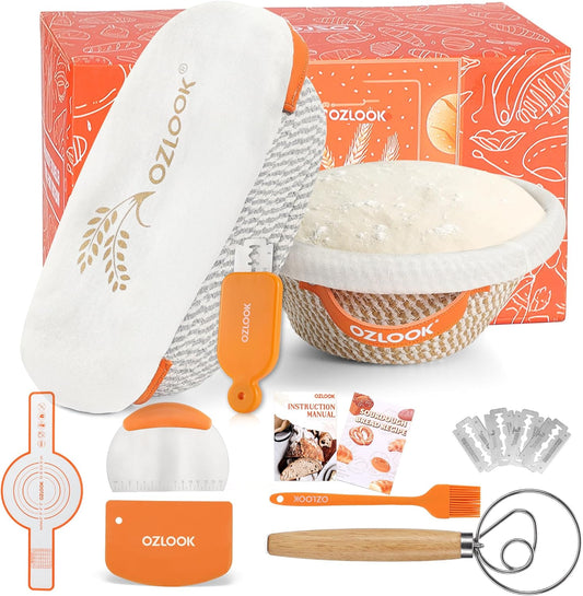 Sourdough Starter Kit,10 Inch Round & 9 Oval Cotton Rope Banneton Bread Proofing Basket with Bread Lame, Scraper,Sling, Dough Whisk,Perfect Gifts for Bakers Sourdough Bread Baking Supplies