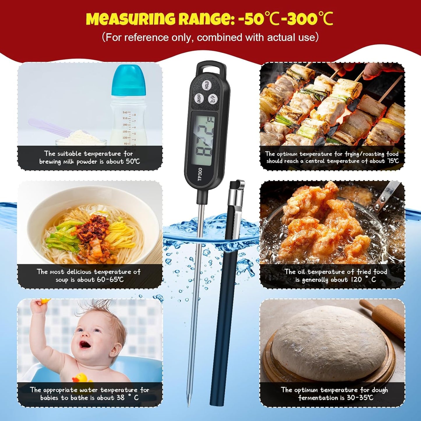 6 Pcs Meat Food Thermometer Food with Probe Water Liquid Instant Read Digital Thermometer Kitchen Cooking Supplies for Cooking BBQ Milk Yogurt (Red,Black)