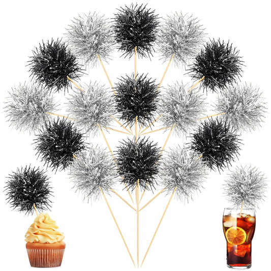 Chinco 100 Pcs Foil Firework Cupcake Toppers Sparkle Tinsel Cake Toppers Cake Decoration Cocktail Fruit Toothpick for Birthday Wedding Graduation Party(Silver, Black)