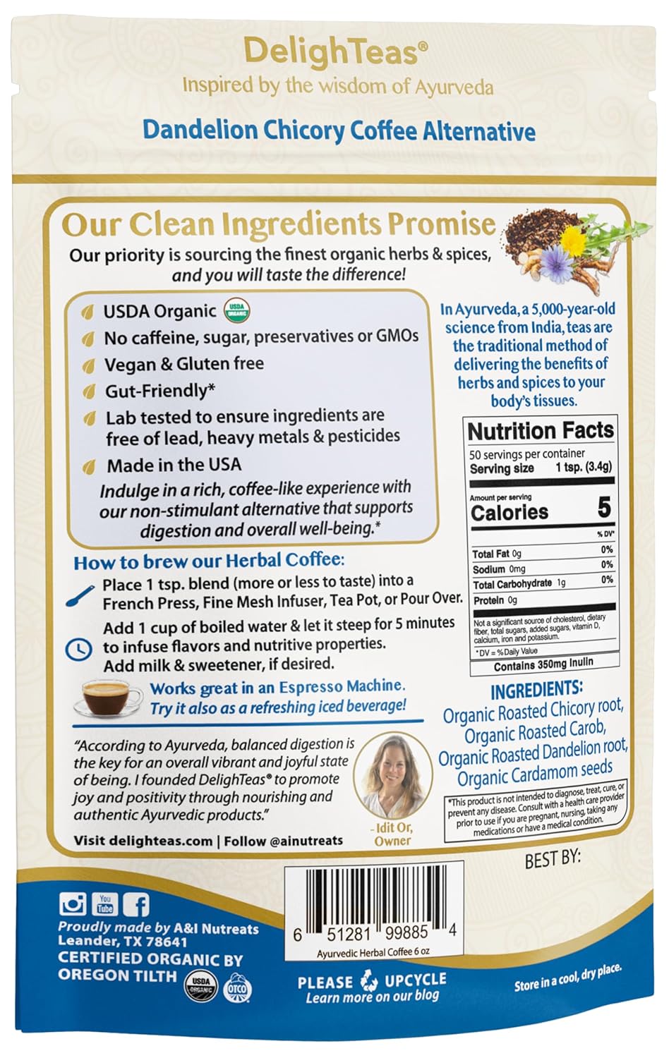 DelighTeas Organic Coffee Alternative | Ayurvedic Herbal Chicory Dandelion Coffee | Coffee Substitute | USDA Organic, Caffeine Free, Gluten Free | With Sweet Notes of Carob | 50 servings, 6oz.