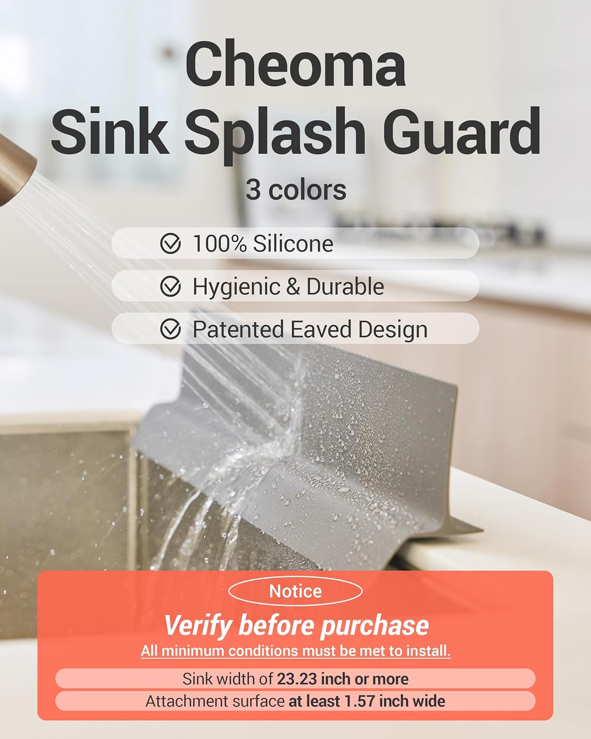 23 inches 100% Premium Silicone Kitchen Sink Splash Guard - Non Slip Strong Suction, Durable, and Easy-to-Clean Splash Protector for Mess-Free Cooking and Dishwashing (Deep Gray)