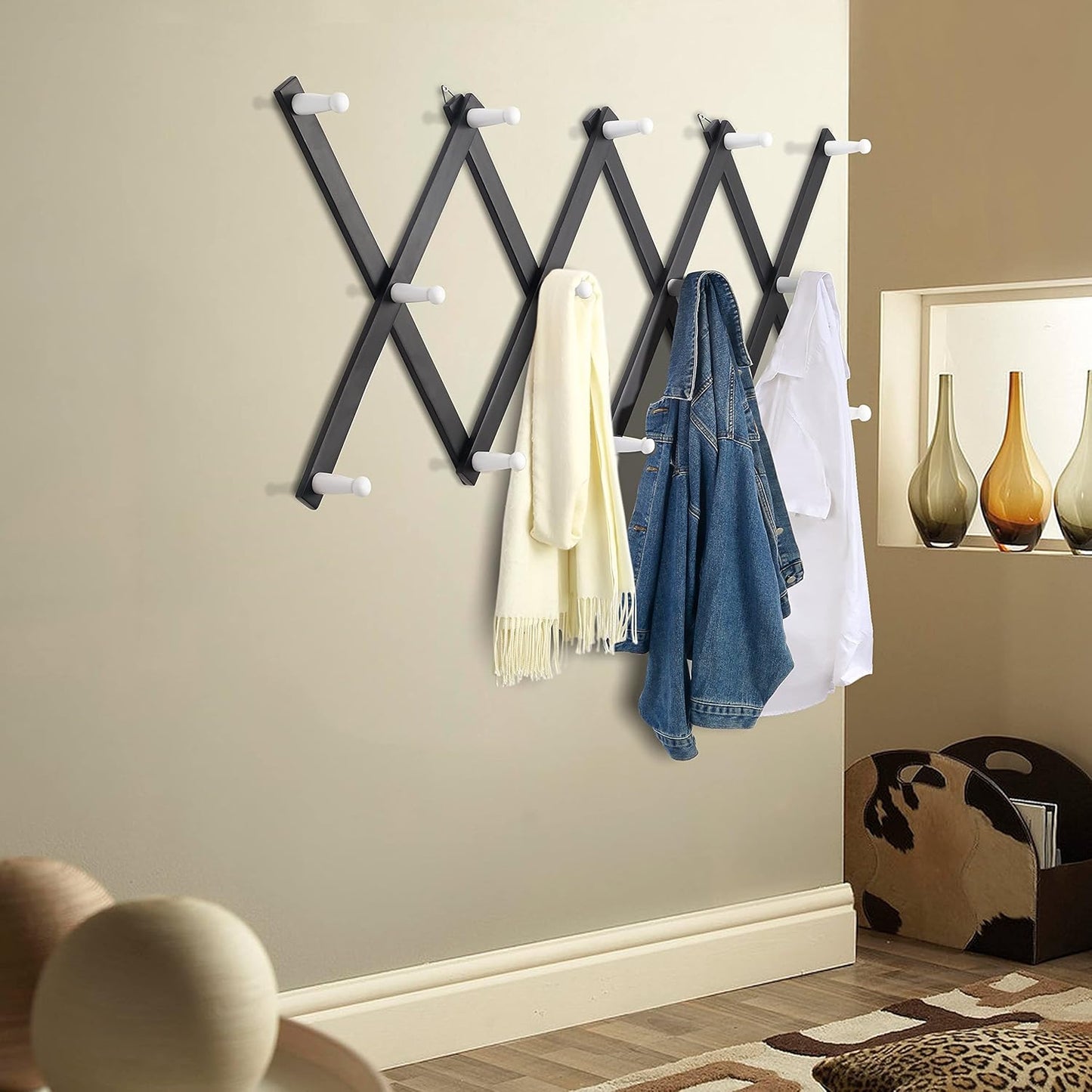 Dseap Accordian Wall Hanger: 16” High Wooden Wall Expandable Coat Rack, Hat Rack Holder, Accordion Hook for Baseball Caps, Coats, Mugs, 14 Peg Hooks, Black & White
