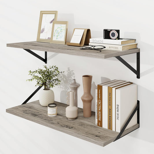 Dreamland Floating Shelves for Wall, 12 Inch Deep Floating Shelves Set of 2, 30W x 12D Large Wall Shelf with Sturdy Metal Brackets for Living Room, Bathroom, Bedroom and Kitchen, Grey