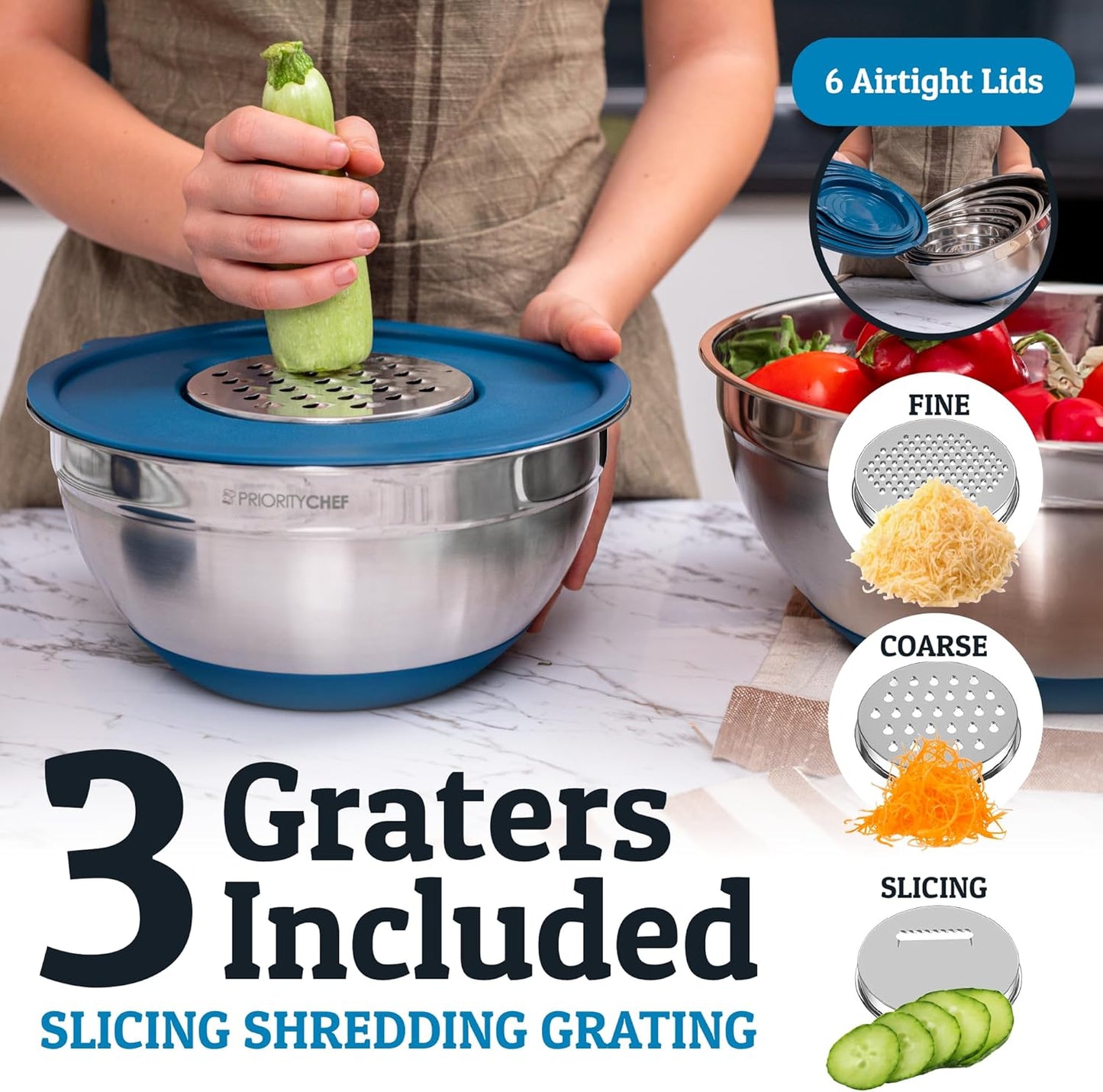 Priority Chef Stainless Steel Mixing Bowls with Lids Set - Premium 30Pcs with 6pc Metal Bowl Set for Kitchen, 3 Graters, Airtight Lids, Non-Slip Bases & Silicone Utensils, Blue
