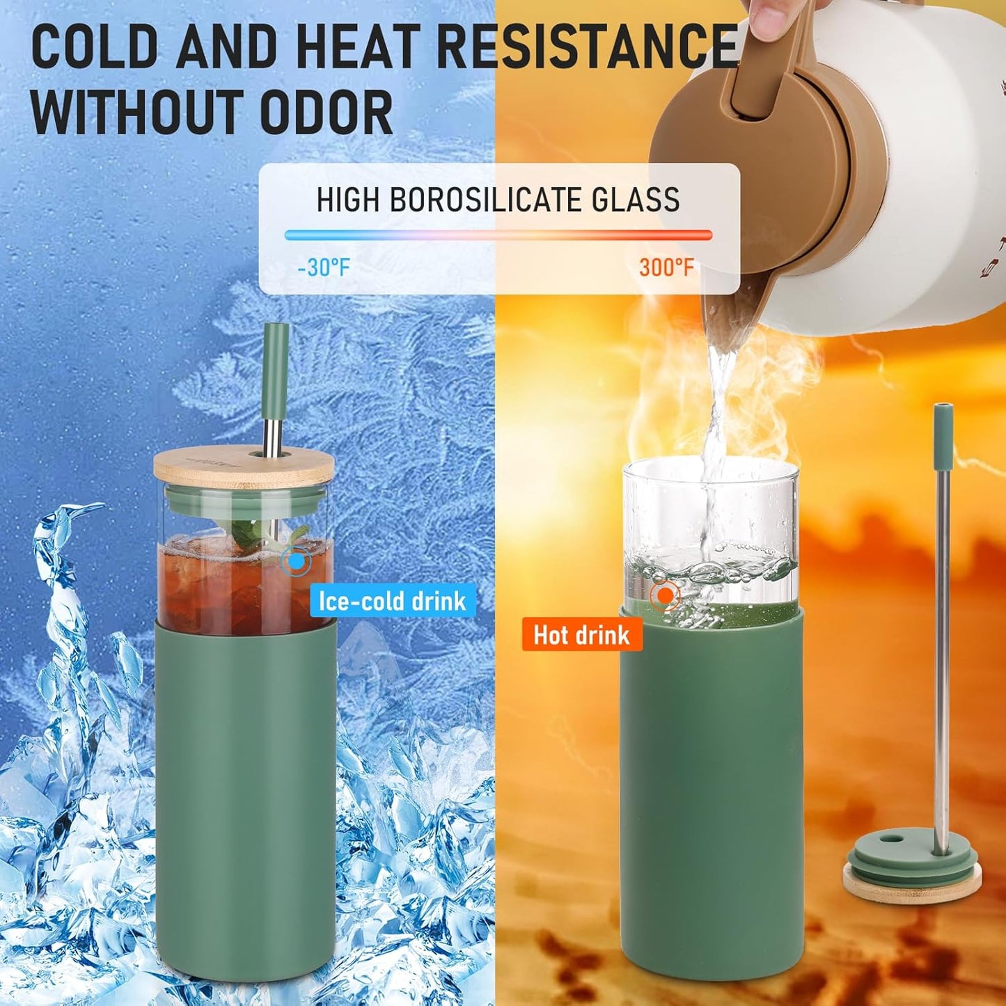 Glass Tumbler w/Lids & Straw:24oz Reusable Mug w/Bamboo Lid & Stainless Steel Straw-BPA-Free, Leak-Proof,Dishwasher Safe for Coffee,Smoothies, Hot Beverages, Travel, Office, Home Use,4-PK