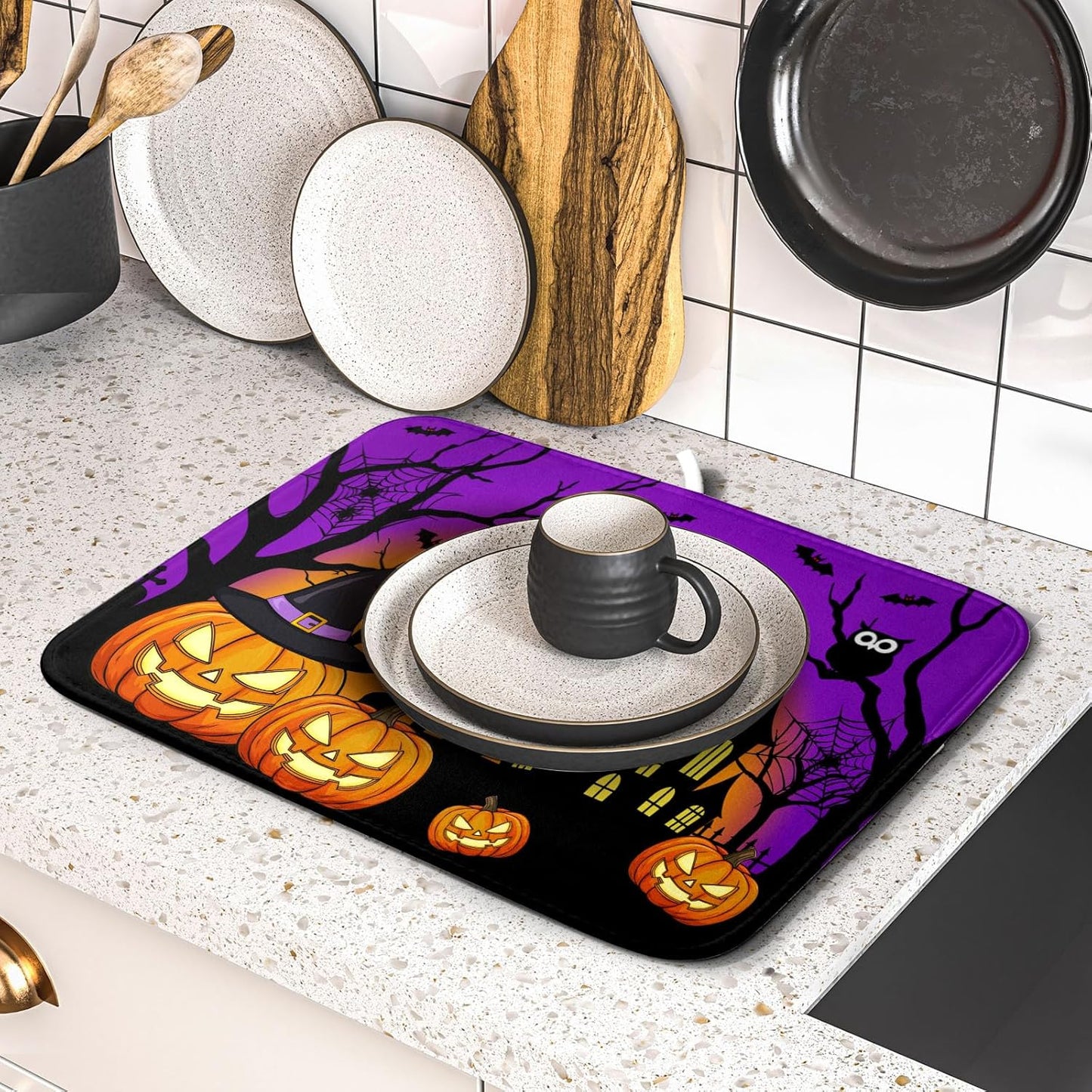 Happy Halloween Pumpkin Dish Drying Mat for Kitchen Counter,Witch Ghost Castle Bat Purple Drying Mat 16 x 18 Inch with High Absorbent Microfiber Drainer Mat for Coffee Bar
