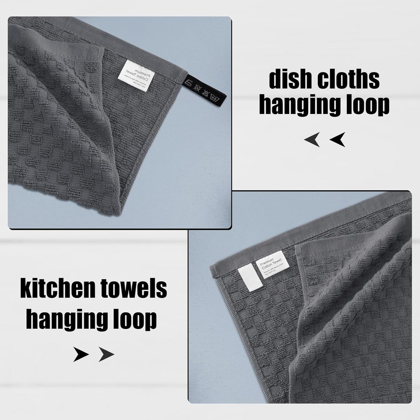 Fintale 100% Cotton Kitchen Towels and Dishcloths Set, 12 x 12 & 15 x 25 Inches, Set of 12 Bulk Super Soft and Absorbent Terry Cloth Dish Towels, Quick Drying Hand Towels with Hanging Loop, Dark Grey