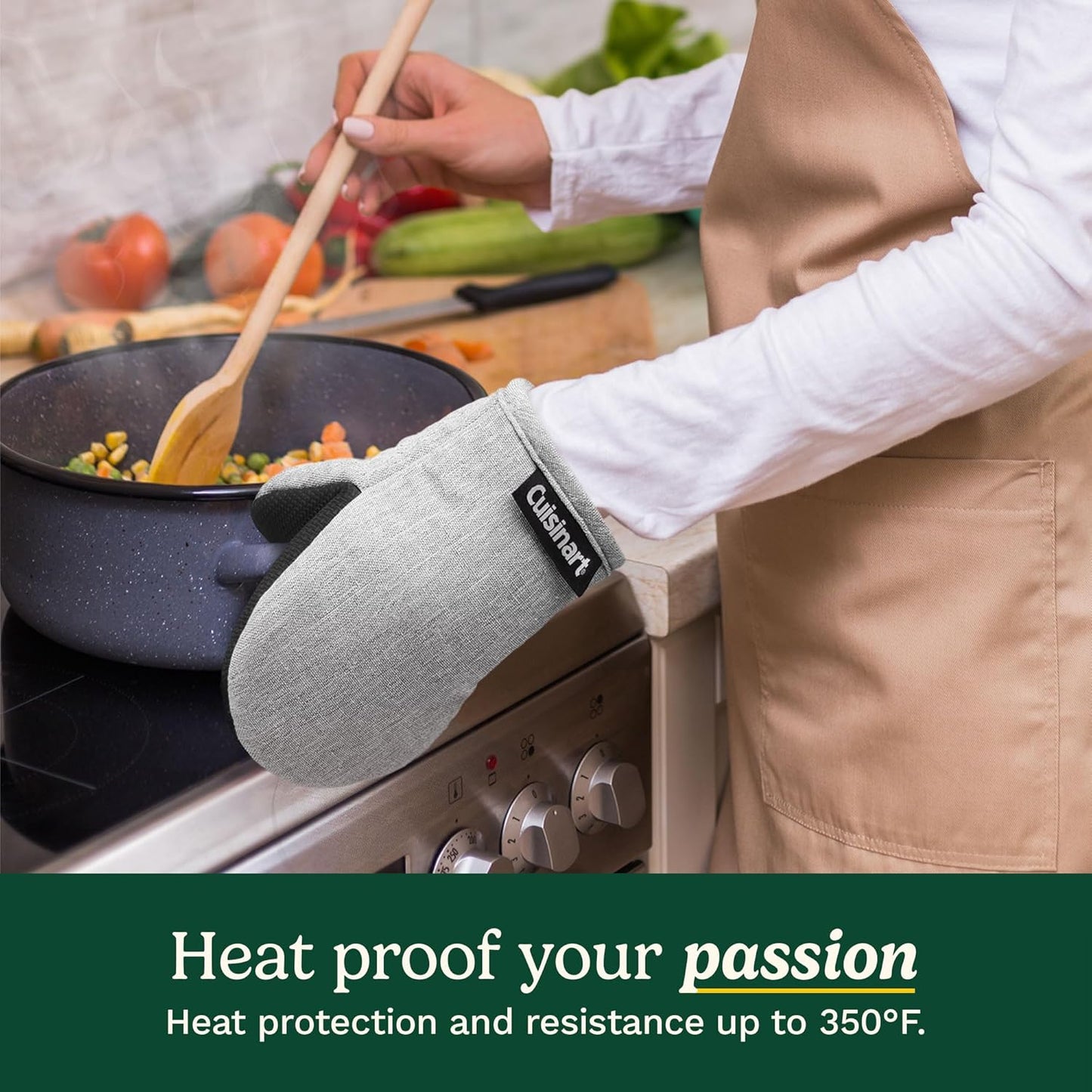 Cuisinart Mini Oven Mitts – 5.5” x 7” Heat-Resistant Kitchen Mitts for Oven with Non-Slip Neoprene Palm, Cotton Filling, and Fabric Loop – Durable Oven Mitt Set for Cooking & Baking (Light Gray)