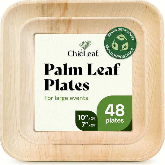 Chic Leaf Compostable & Biodegradable Palm Leaf Disposable Bamboo Plates - Disposable Party Plates for Appetizers - Camping Essentials - Reusable Party Supplies (10 & 7 Inch Square)