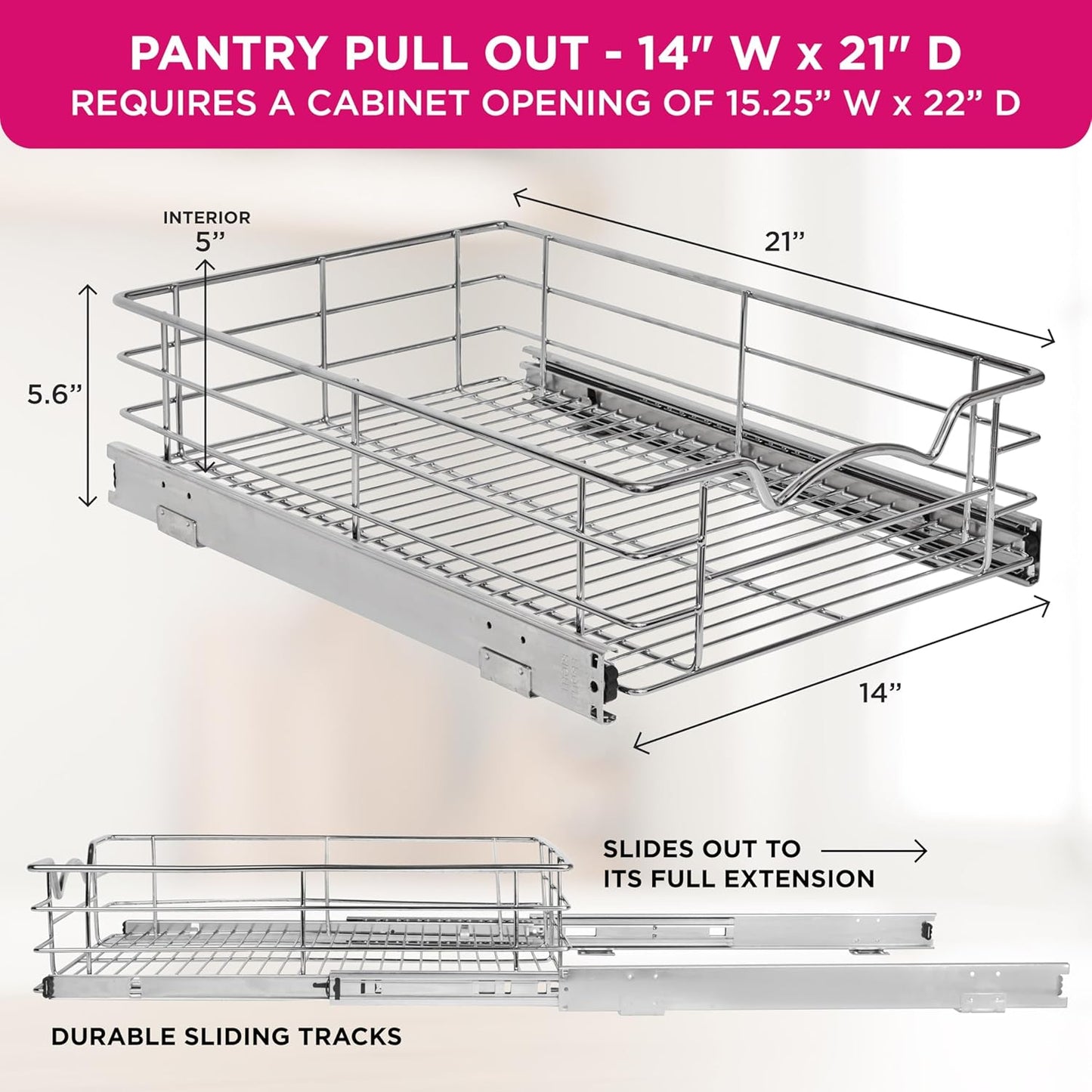 HOLDN’ STORAGE Heavy-Duty Premium Collection Pull Out Cabinet Organizer, Cabinet Drawer Slide Outs, Lifetime Limited Warranty - Basket Size 14" W x 21" D x 5" H, Anti-Rust Chrome Finish