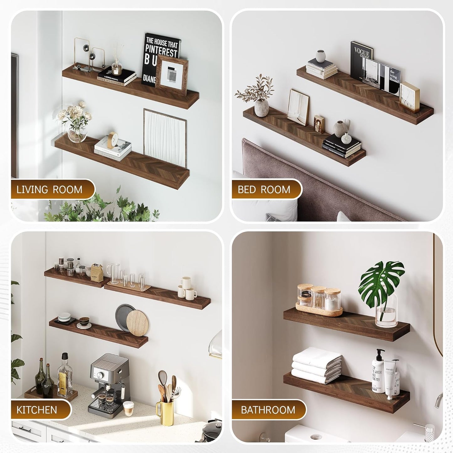 24" Acacia Chevron Floating Shelves Set of 2 - Wall Mounted Wooden Shelf for Stylish Home Décor - Walnut Color - 24x6.7x1.5 Inches