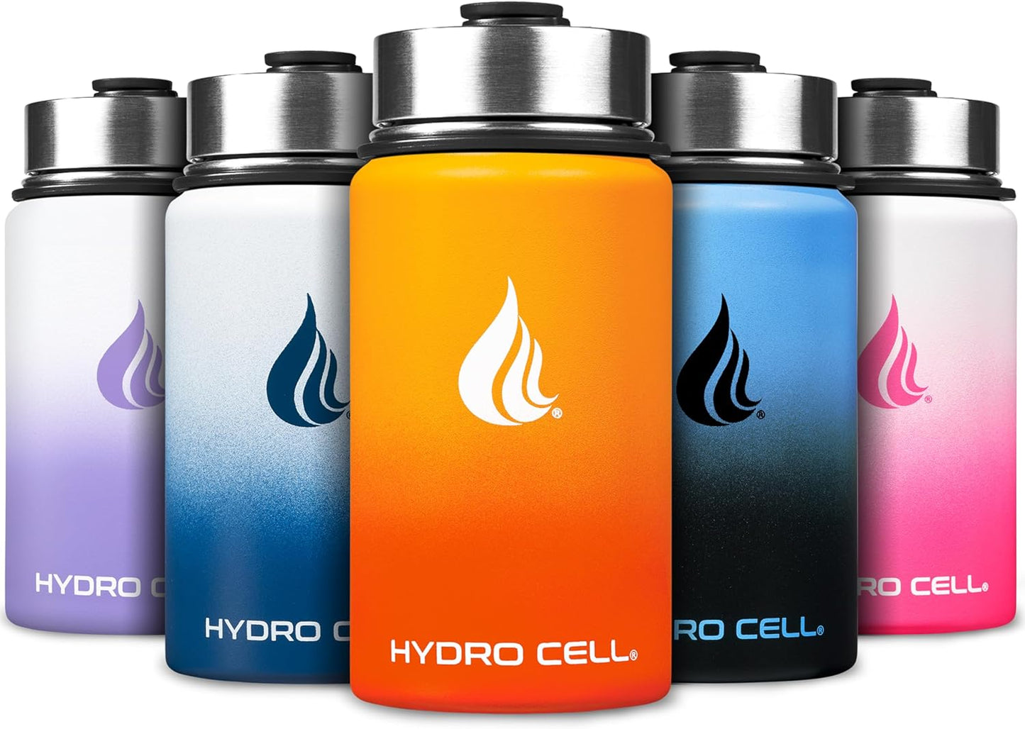 HYDRO CELL Stainless Steel Insulated Water Bottle with Straw - For Cold & Hot Drinks - Metal Vacuum Flask with Screw Cap and Modern Leakproof Sport Thermos for Adults (Red/Orange 14oz)