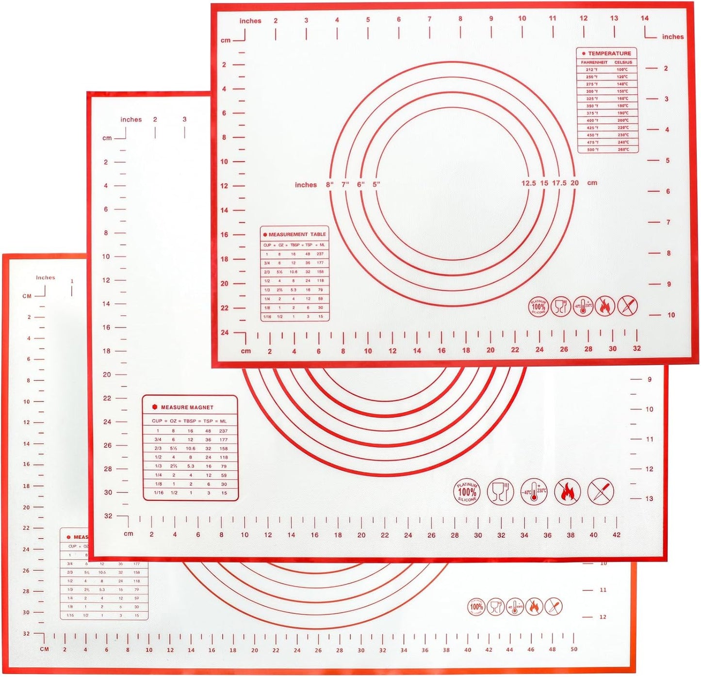 Silicone Baking Mat With Measurement Function Set of 3 Use Food Grade Silicone Ldeal for Dough Rolling Pie Crust Bread Making and Making Cookies (23.6×15.7,19.6×15.7, 15.7×11.8inch, Red)