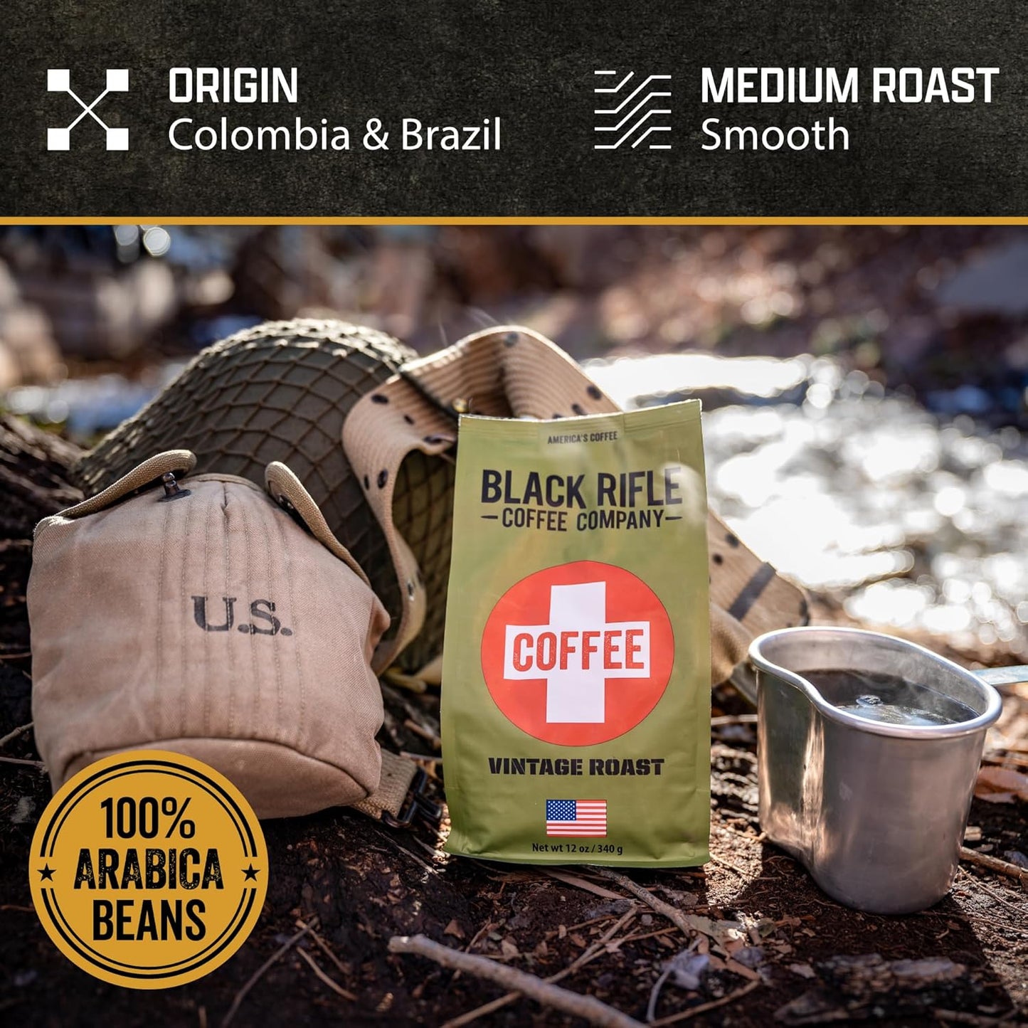 Black Rifle Coffee Company Ground Coffee Medium Roast - Roasted Blend Made from Pure Arabica Beans - Colombian & Brazilian Beans - Veteran Founded & American Made (Vintage Roast, 12oz Bag)