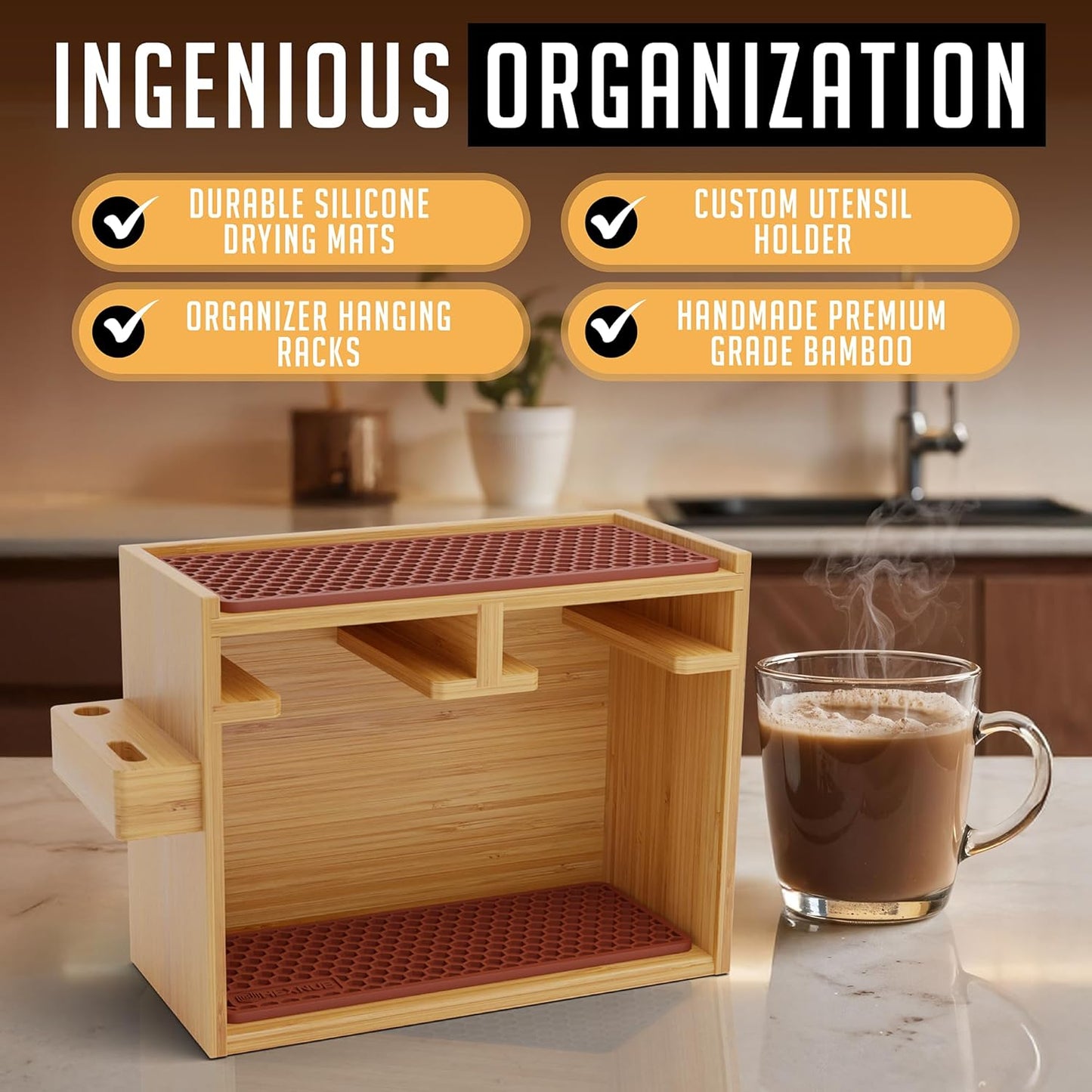 HEXNUB – Bamboo Organizer for AeroPress, Coffee Caddy Station Holds AeroPress Coffee Maker, Accessories, Filters, Cups, Stand includes Dripper Mats (Brown)