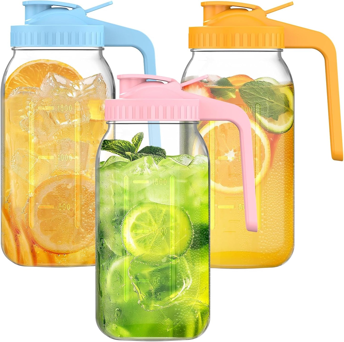 3-Pack 64oz Glass Mason Jar Pitchers with Leak-Proof Lids and Handles – Wide Mouth Design for Sun Tea, Cold Brew, Lemonade, Juice, Iced Tea, and Water