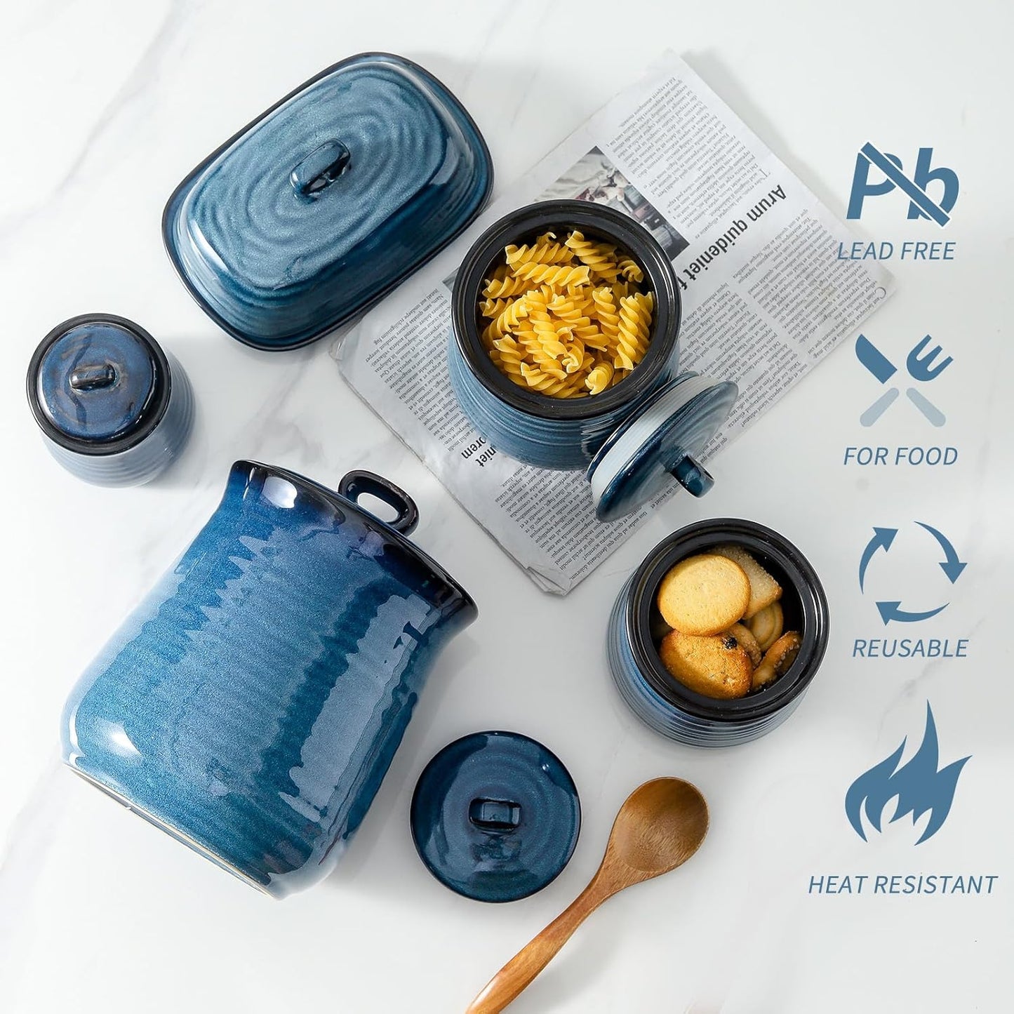 Hasense Ceramic Coffee Container with Airtight Lid, Candy Canister for Countertop, 80 FL OZ Large Food Storage Jar for Sugar,Tea,Flour,Spice,Salt,Cookies,Candy,Treat,Snack,Treats (Blue)