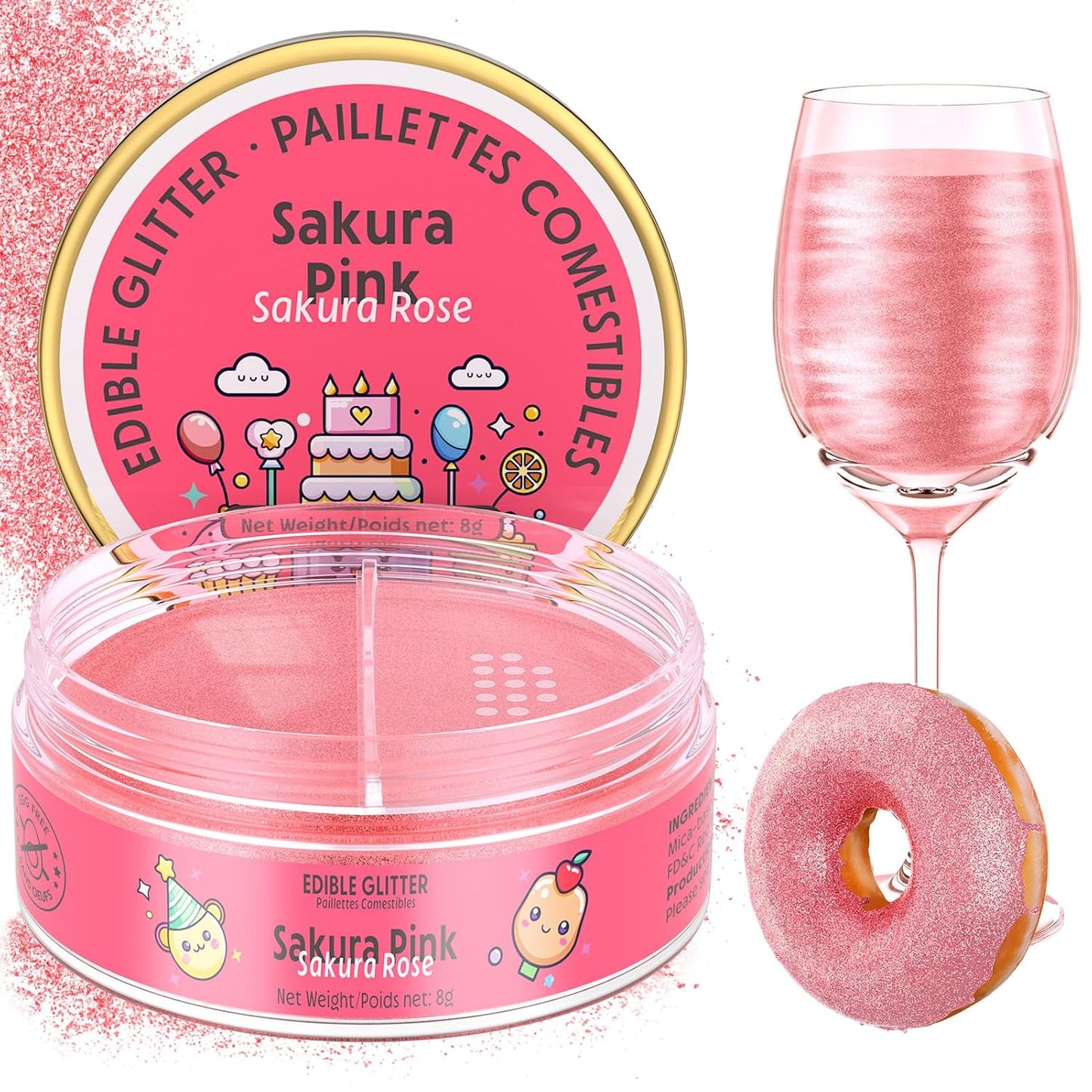 Nomeca Edible Glitter for Drinks Cakes, 8 grams Food Grade Luster Dust Sprinkles Glitter for Cake Decorations, DIY Cocktails, Beverages & Cake Decorating, Dessert Cake Topper (5-Sakura Pink)