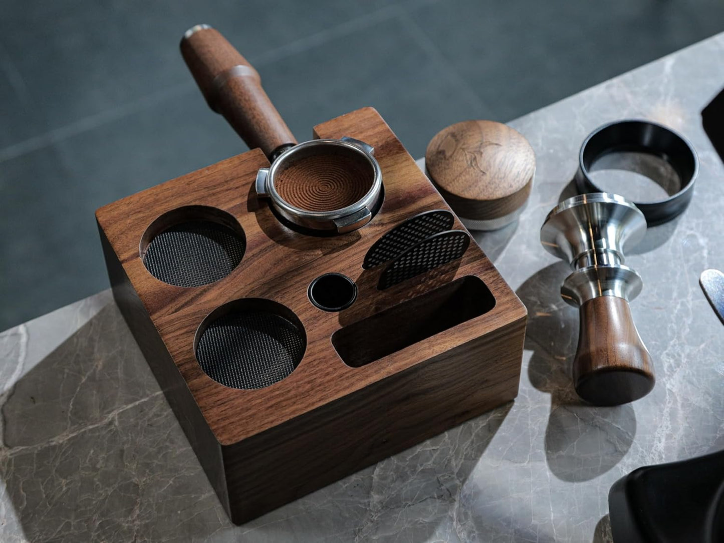 54mm Espresso Tamping Station V3 Walnut Portafilter Holder Espresso Organizer for Breville Machines with Tamper Holder, Distributor Slot, and Multi Accessory Storage