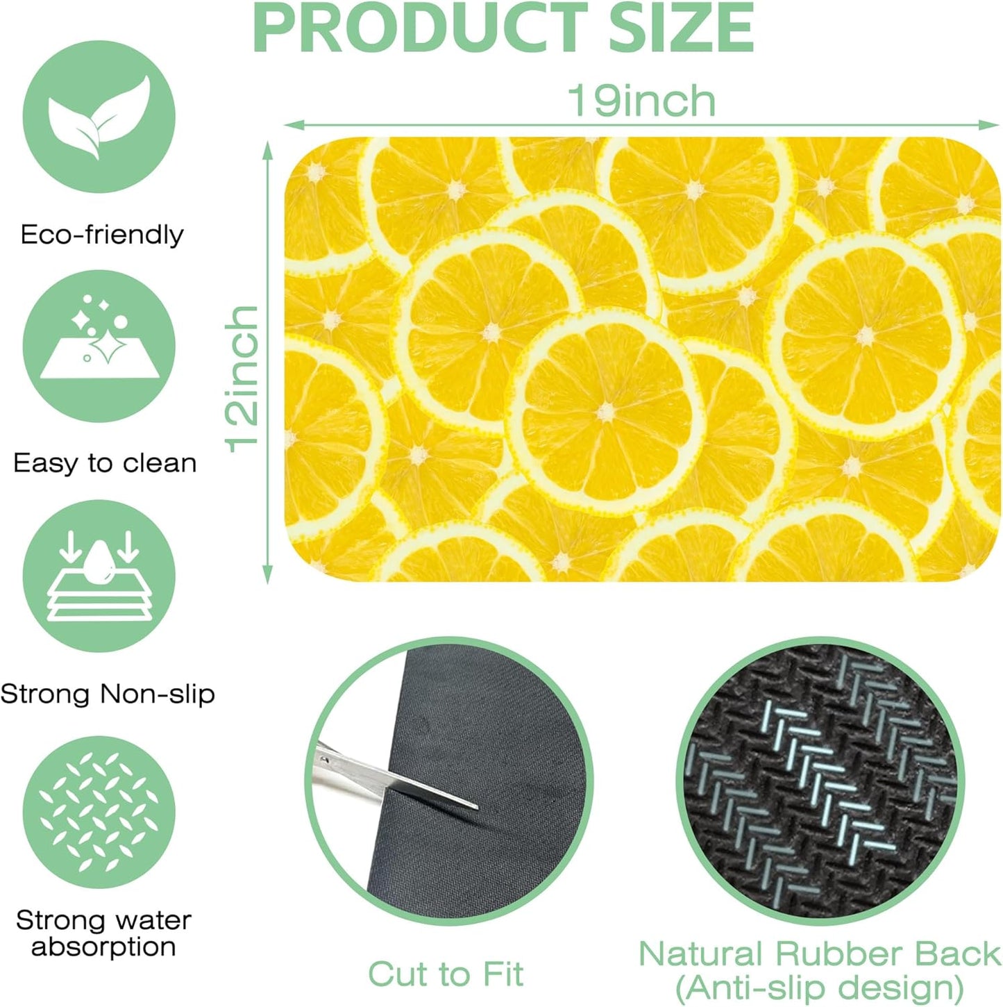 Fresh Yellow Lemon Slice Dish Drying Mat,12"X19" Absorbent Fast Dish Drying Mat for Kitchen Counter Pot and Pan, Kitchen Accessories