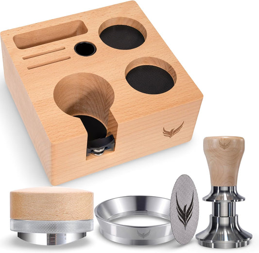 58mm Espresso Bar Accessories Kit – Maple Handle Calibrated Tamper, Espresso Leveler, Beech Wood Tamping Station, and Dosing Funnel with Puck Screen