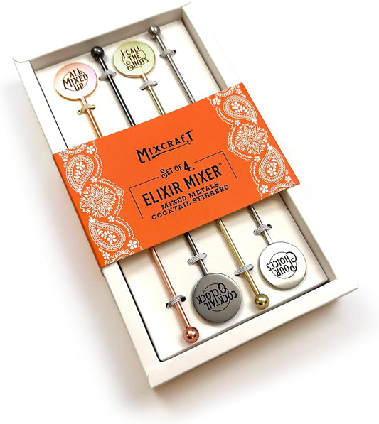Elixir Mixer Cocktail Stirrers, Stainless Steel Drink Stirring Swizzle Sticks, Mixed Metals, Set of 4