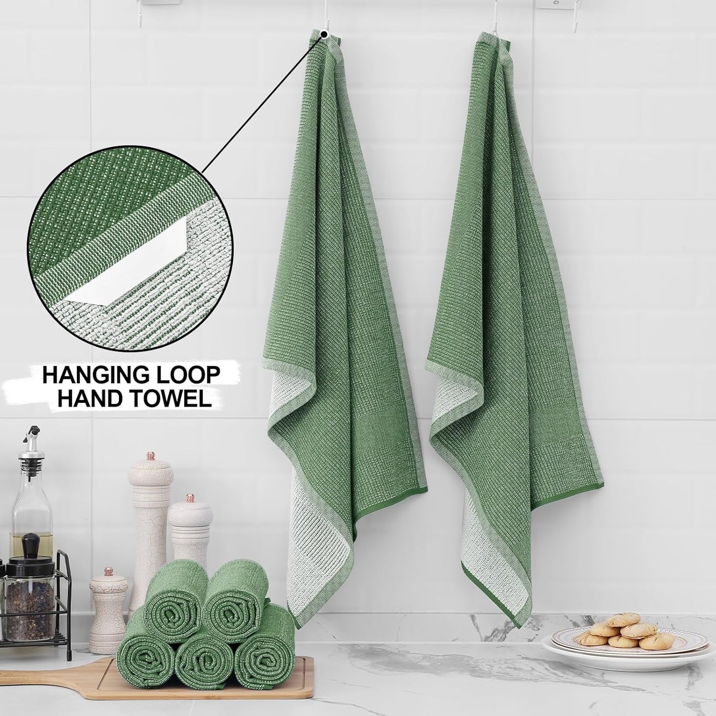 Homaxy Premium Kitchen Towels(18”x 28”, 6 Pack), Large Cotton Kitchen Hand Towels, Flat and Terry Dish Towels, 380 GSM Highly Absorbent Tea Towel Set with Hanging Loop, Grass Green