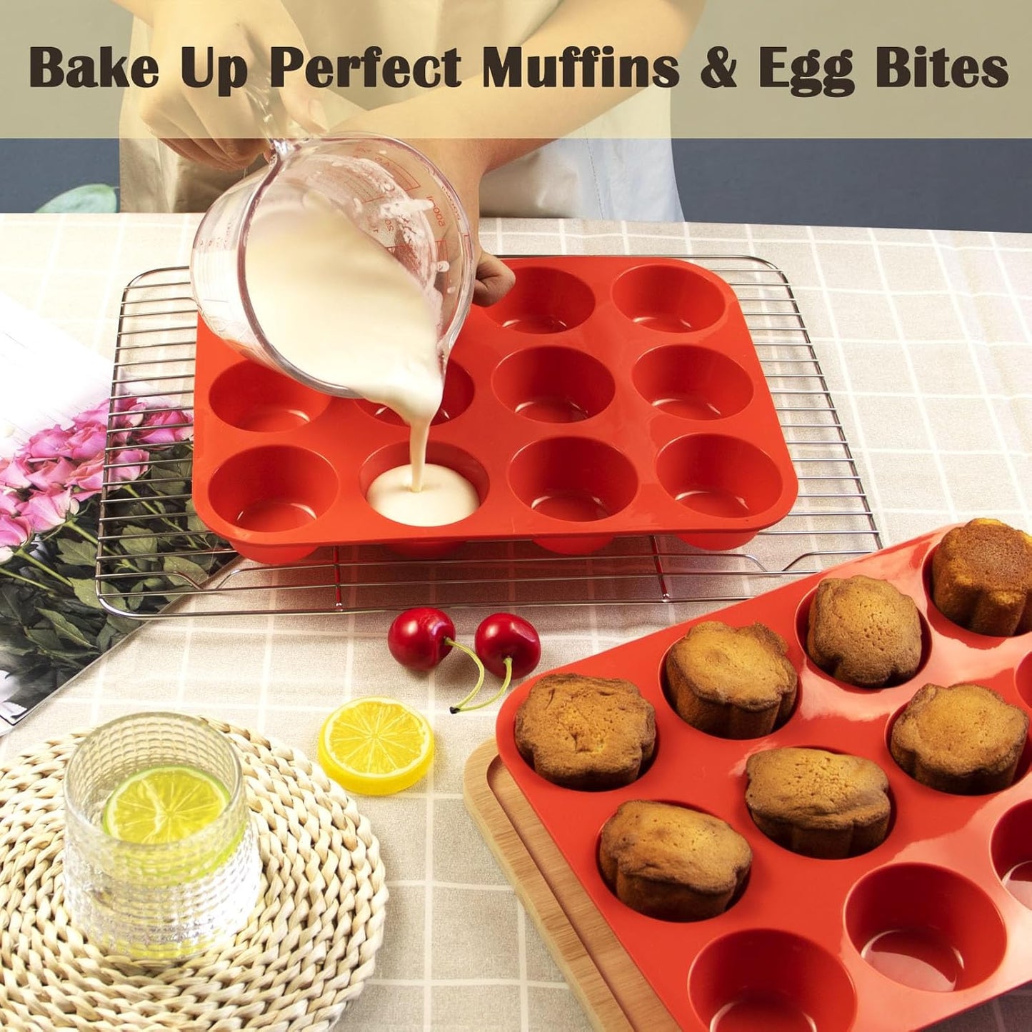 12 Cups Silicone Mini Muffin Pan Set, Nonstick Mini Cupcake Pans, BPA Free Small Muffin Tin for Baking, Set of 2 (Red+Red)