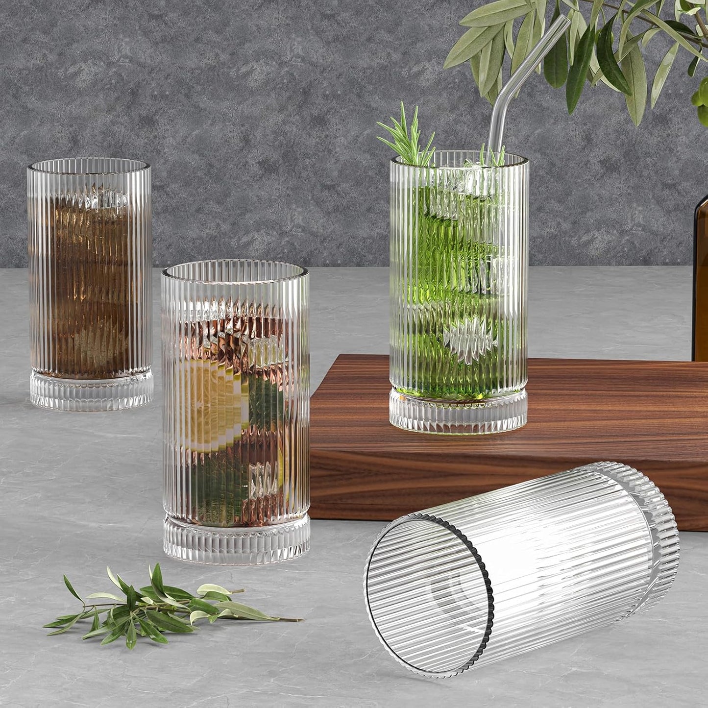 15 Oz Glass Cups with Straws, Vintage Glassware for Whiskey Cocktail Beer, Iced Coffee Cups and Drinking Glassare (2 PACK