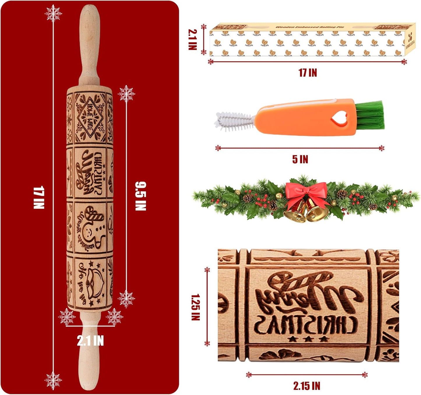 17" Premium Wood Rolling Pin with XMAS Embossed Designs | 3mm Deep Springerle Cookie Molds | Christmas Rolling Pin & Baking Gifts for Women | Includes 3-in-1 Cleaning Brush