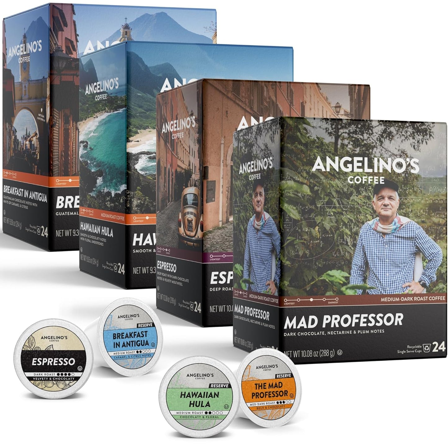 Angelino's Coffee Reserve Collection Coffee Pods Variety Pack, Medium & Dark Roast Coffee K Cups Compatible, 96 Count for Keurig Brewers, Includes Breakfast in Antigua, Hawaiian Hula, Mad Professor, and Espresso