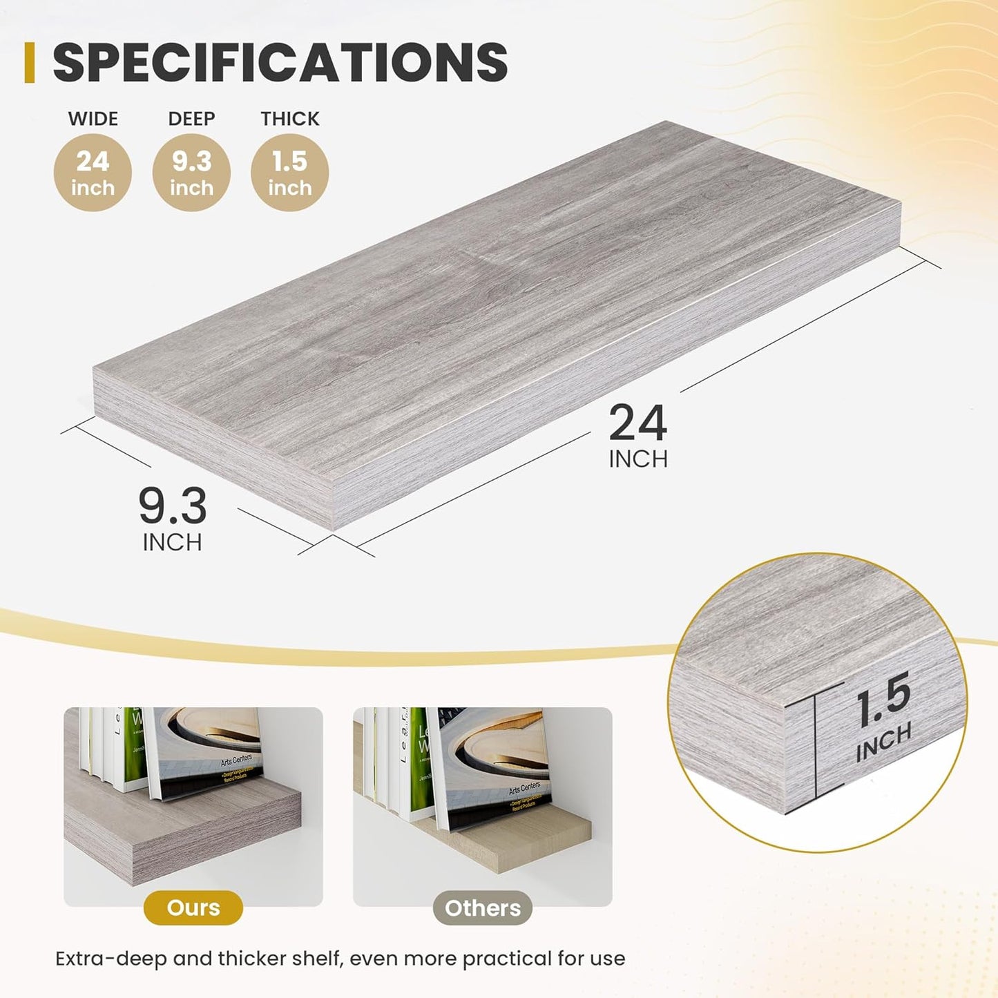 24 Inch Floating Shelves, 9.3" Deep Floating Shelf Wall Mounted, 24" Wall Shelves, Rustic Deep Bookshelf, Large Display Shelves & Storage Shelves for Bedroom, Living Room, Gray, Set of 2