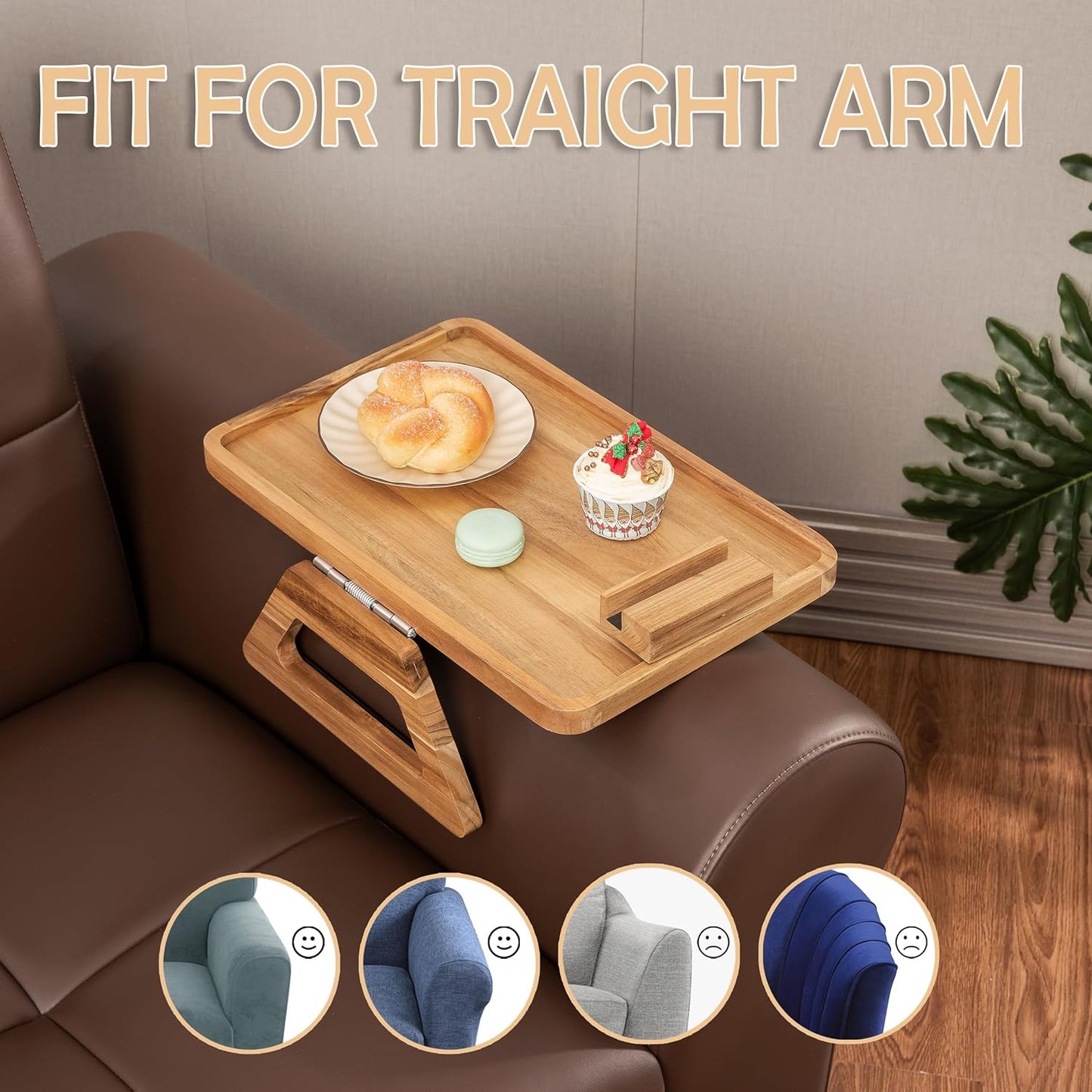 Acacia Wood Sofa Armrest Tray-15.4 x 9.84 in Double Hinge Sofa Arm Tray Table Clip-Couch Arm Table-Wooden Side Tables for Eating (Acacia,15.4" D x 9.84" W x 5.7" H)(Light Natural)
