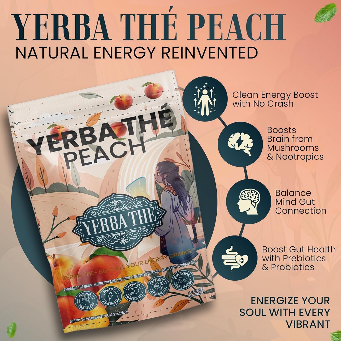 Ancient Diosa - Yerba Mate Tea Powder 350g, 35-Servings - Peach Flavor Clean Energy Drink Superfood - Support Gut Health with Probiotics and Prebiotics, Reduce Brain Fog, Relaxation and Focus Blend