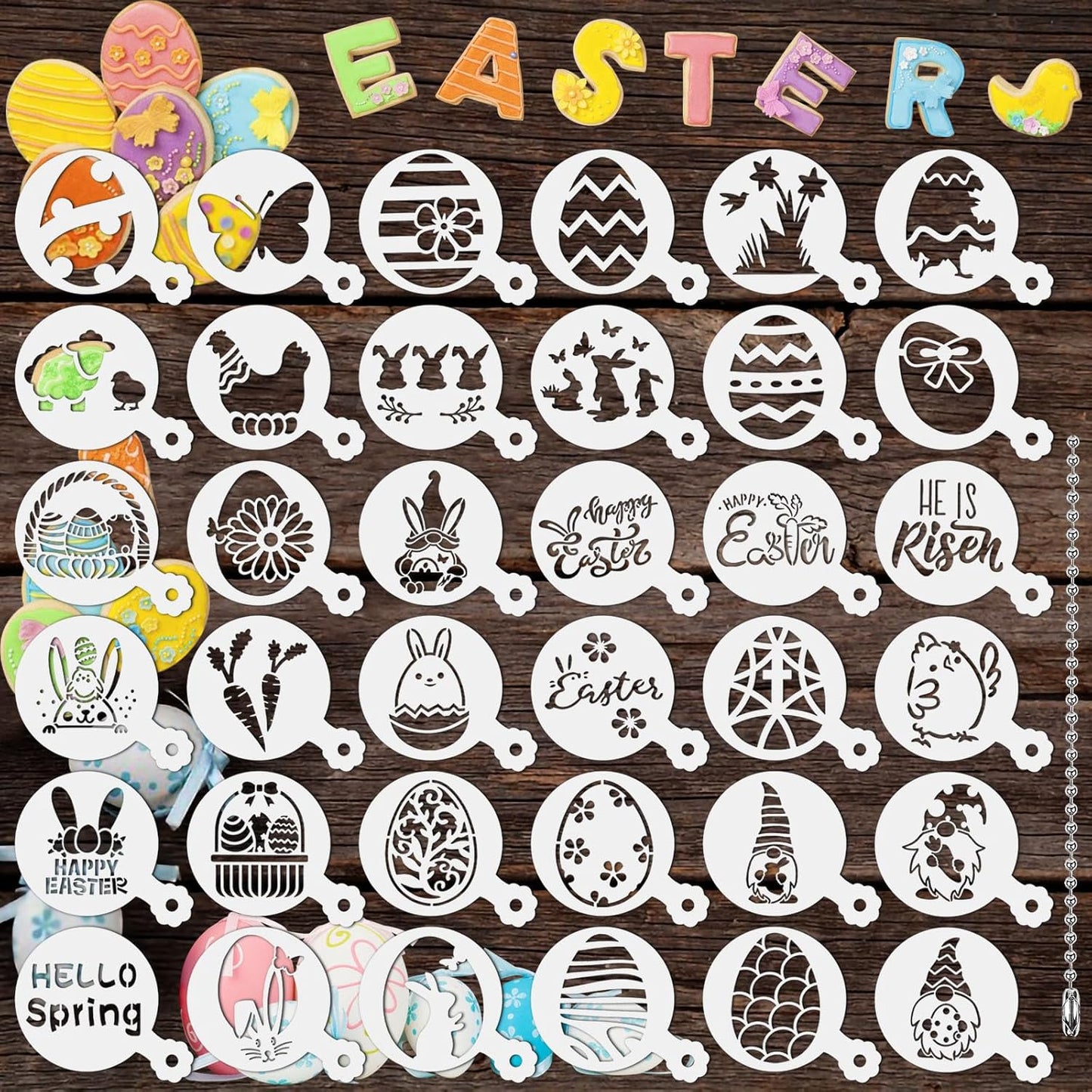 JULBEAR Easter Cookie Stencils, 36Pcs Reusable Eggs Bunny Cookie Coffee Stencils Templates Mold Tools for Cookies Baking Painting Dessert Coffee Decoration Easter Party Supplies