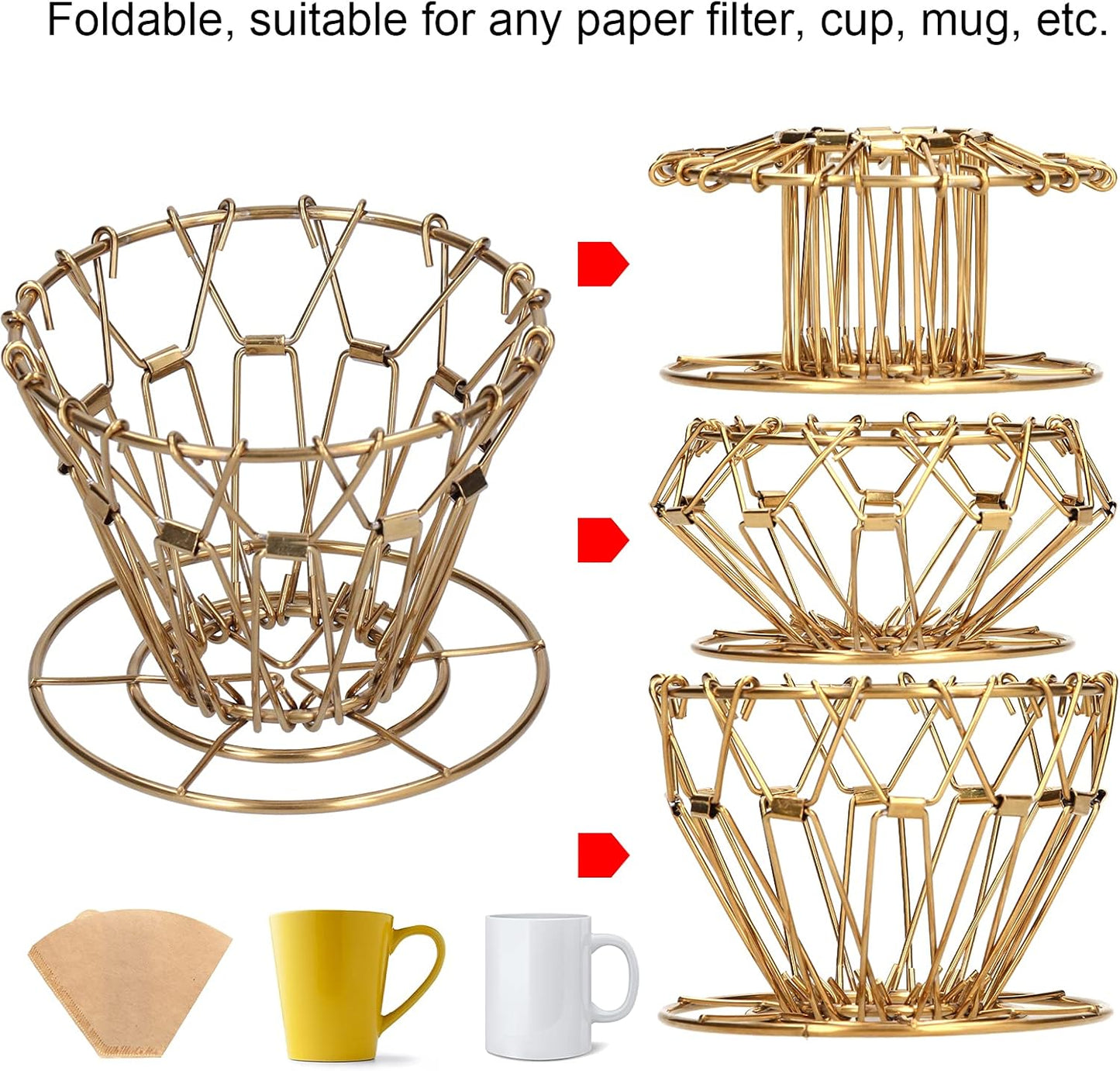 Asixxsix Pour Over Coffee Dripper, 304 Stainless Steel Drip Coffee Filter Cup Foldable Portable Reusable Reusable Coffee Filter Cup Coffee Drip Filter Holder for Home Office Cafe