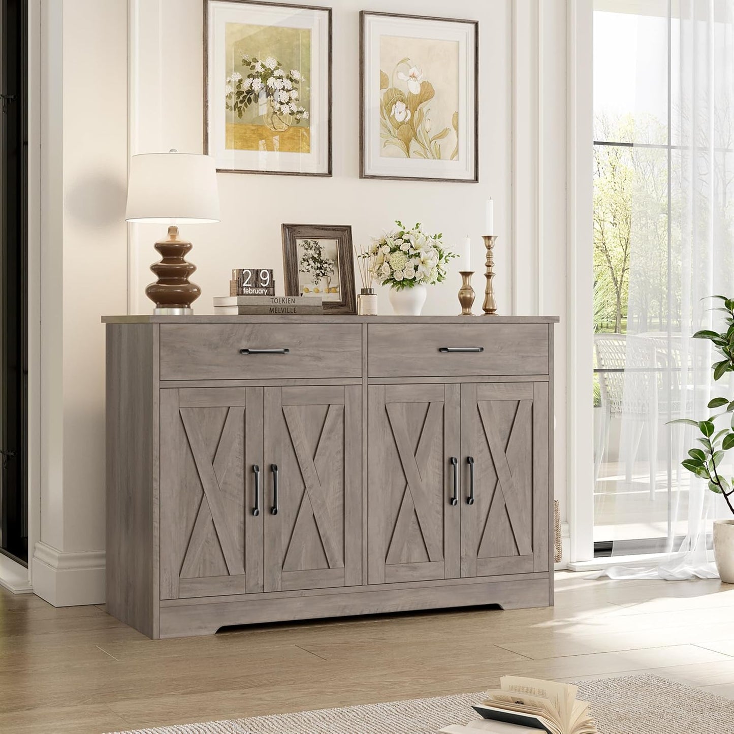 HOSTACK Buffet Cabinet with Storage, 47.2" Kitchen Sideboard Buffet with Drawers, Modern Farmhouse Coffee Bar Station with Shelves, Barn Doors Storage Cabinet for Living Room, Ash Grey