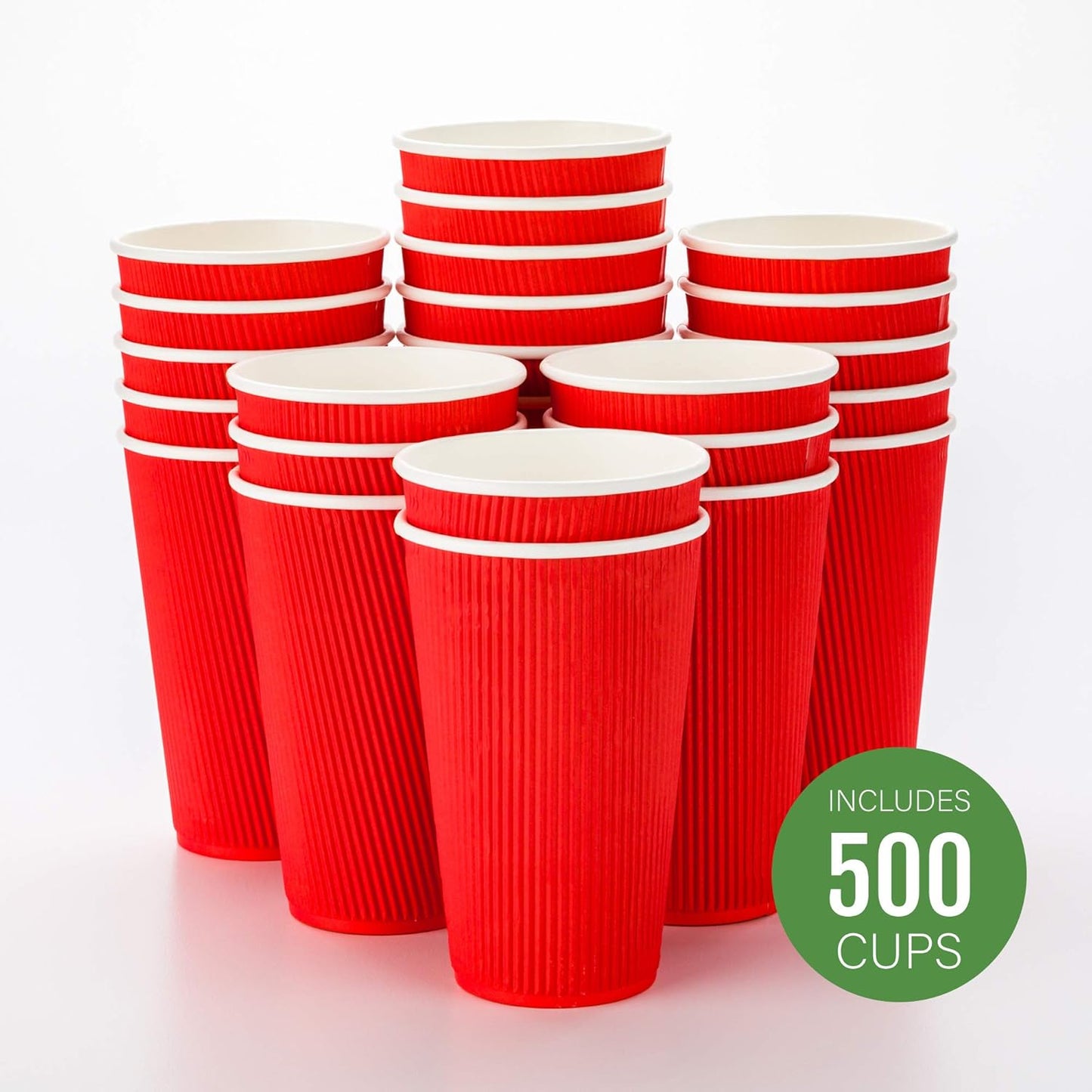 Restaurantware 16 Ounce Ripple Wall Disposable Coffee Cups, 500 Insulated Red Paper Tumblers with Rolled Rim Design, Lids Sold Separately for Hot Drinks like Tea, Hot Chocolate, and More