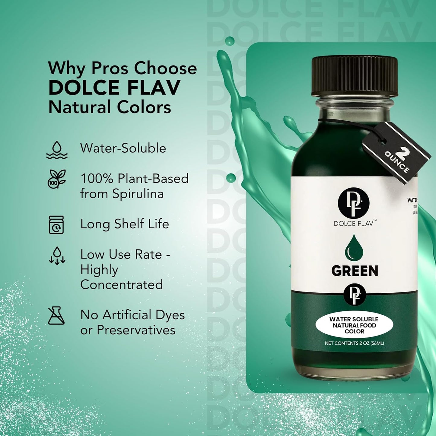 Dolce Flav Natural Green Food Coloring – 2 oz Vibrant Plant-Based Color from Green Apple | Water-Soluble Liquid Dye for Baking, Drinks & Frostings | Graduated Dropper Included | No Artificial Dyes | Kosher | Made in USA