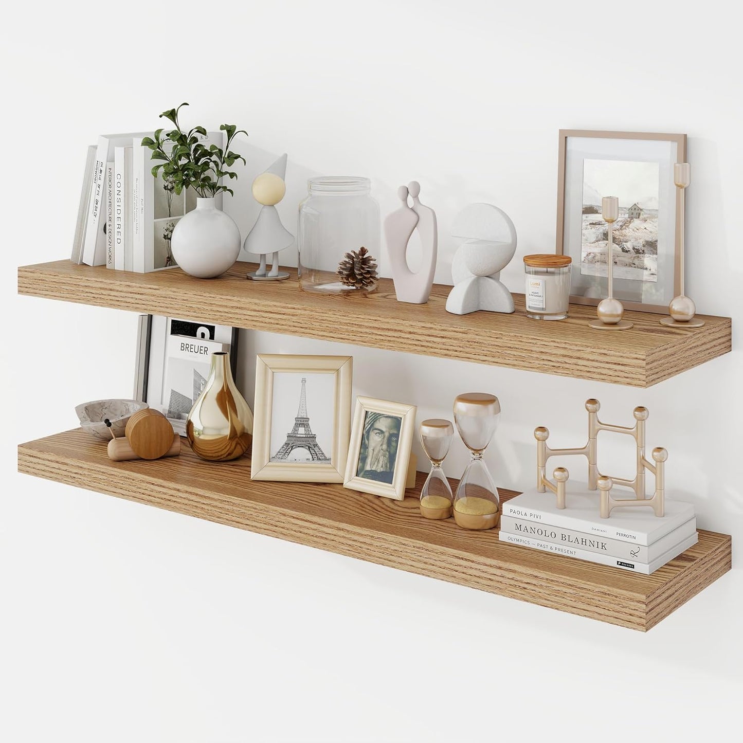 40 Inch Floating Shelves, 9.3" Deep Floating Shelf Wall Mounted, 40" Wall Shelves, Rustic Deep Bookshelf, Large Display Shelves & Storage Shelves for Bedroom, Living Room, Light Brown, Set of 2